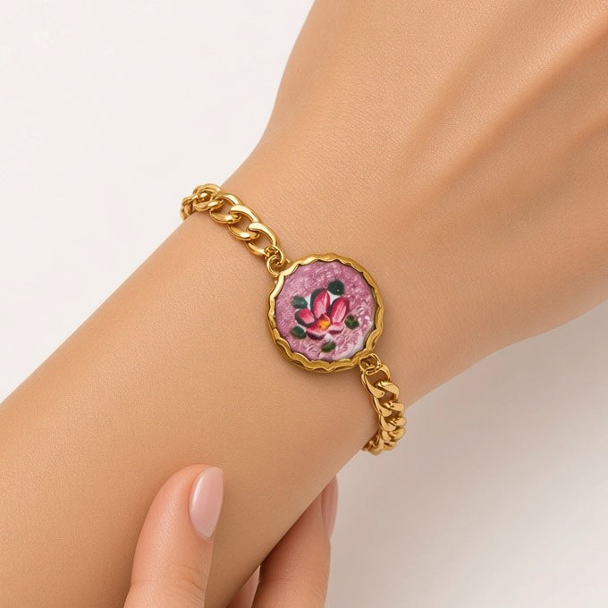 Oil Painting Rose Enamel Charm Bracelet 18K Gold Plated Stainless Steel - Purple Flower