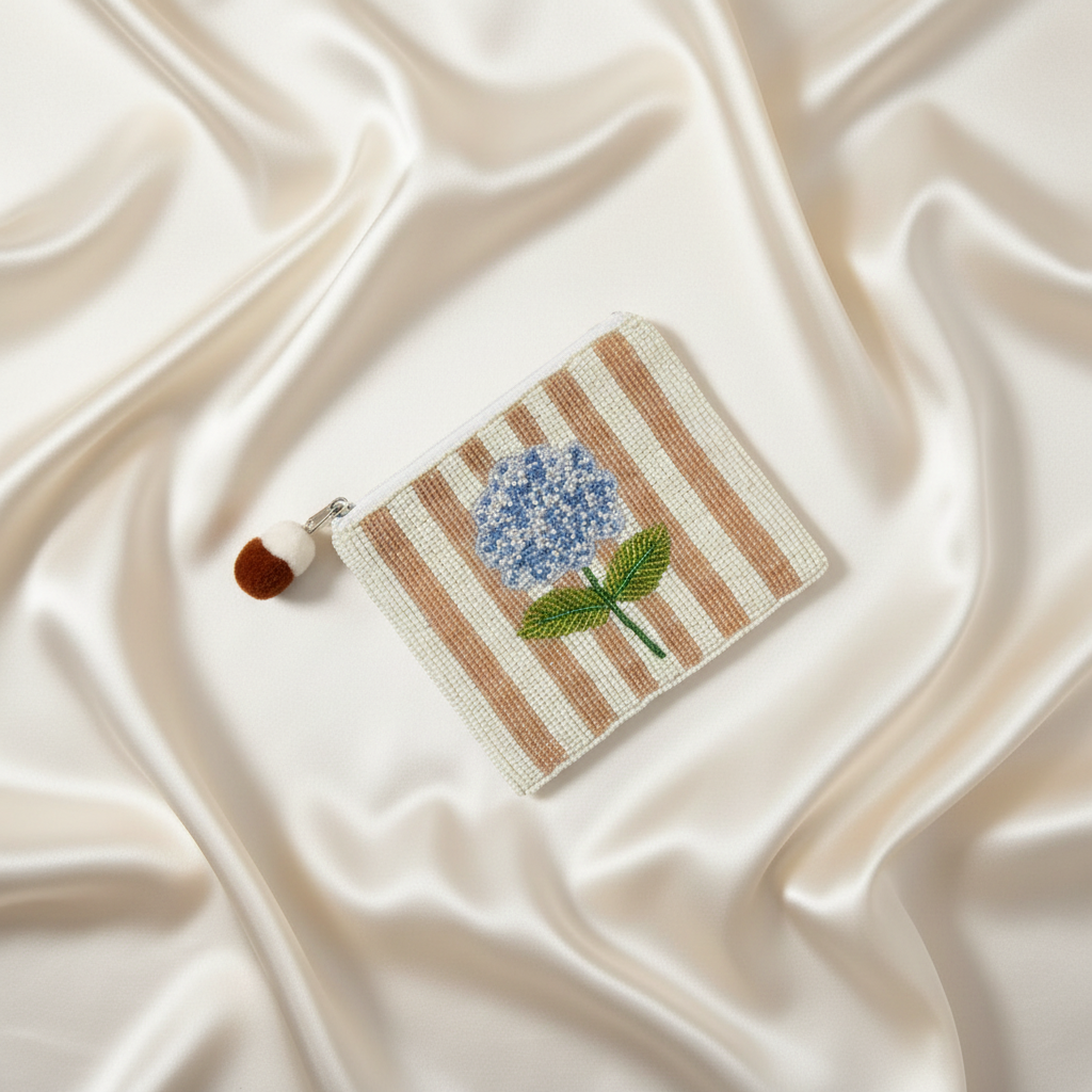 Blue Striped Hydrangea Beaded Coin Pouch
