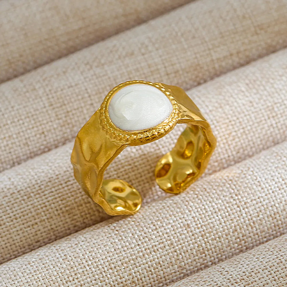 18K Gold Plated Stainless Steel Hammered Pearl Adjustable Ring Geometric Open Band