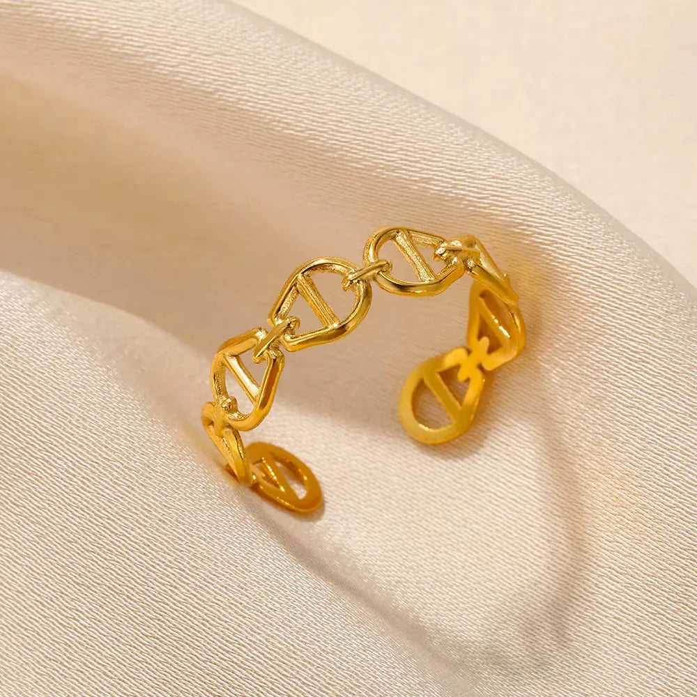 Stainless Steel Anchor Link Style Adjustable Open Ring Gold Plated