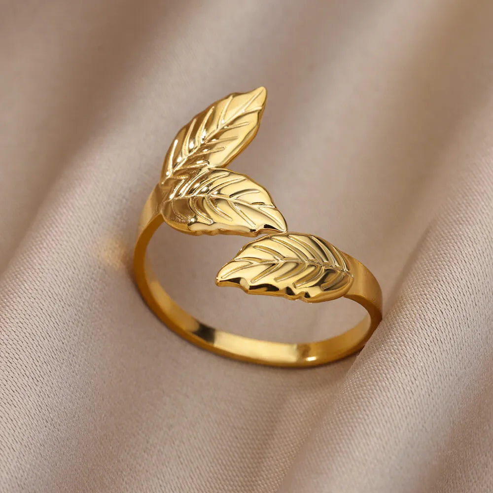Stainless Steel Glossy Triple Leaf Adjustable Open Ring Gold Plated