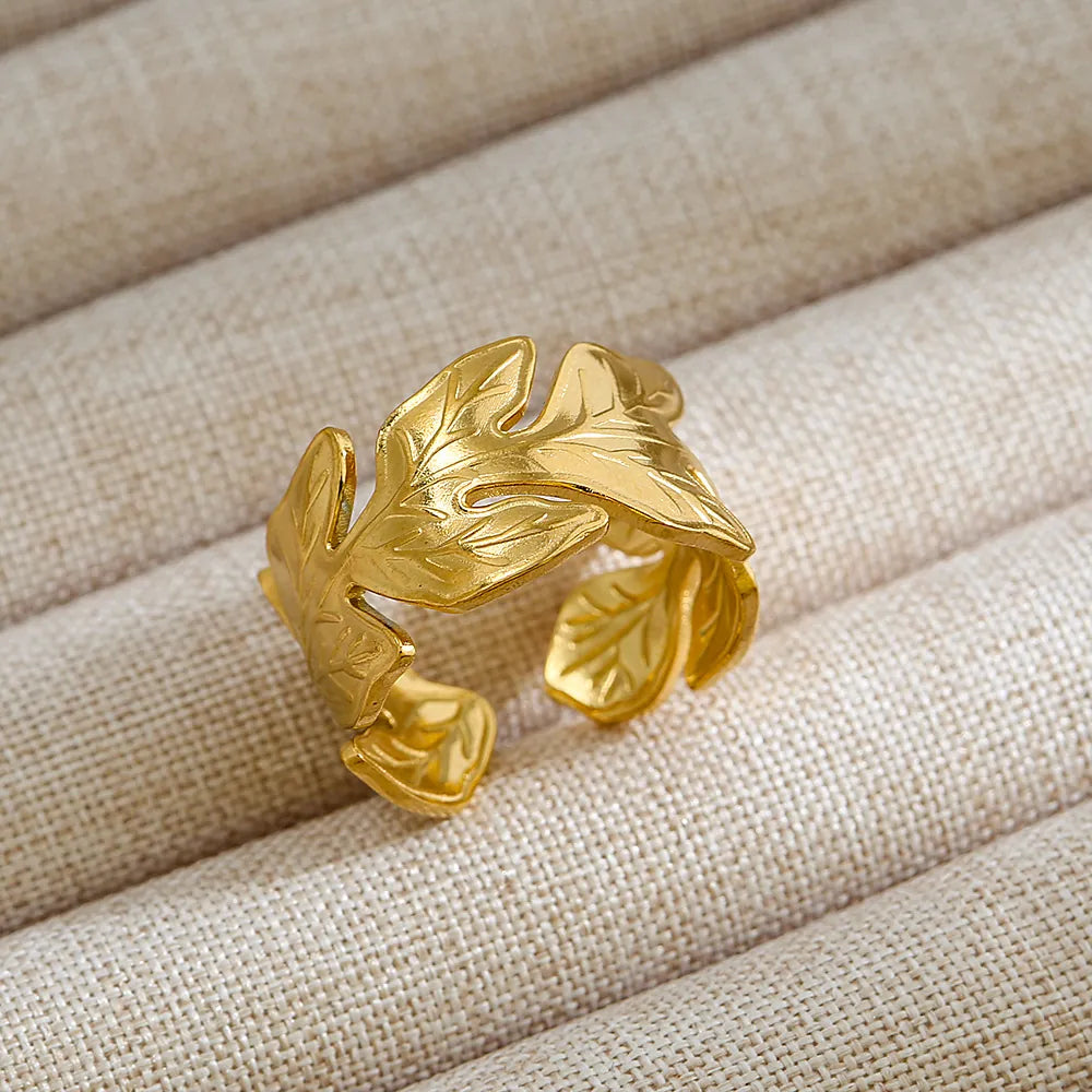 18K Gold Plated Stainless Steel Gold Leaf Adjustable Ring Geometric Open Band