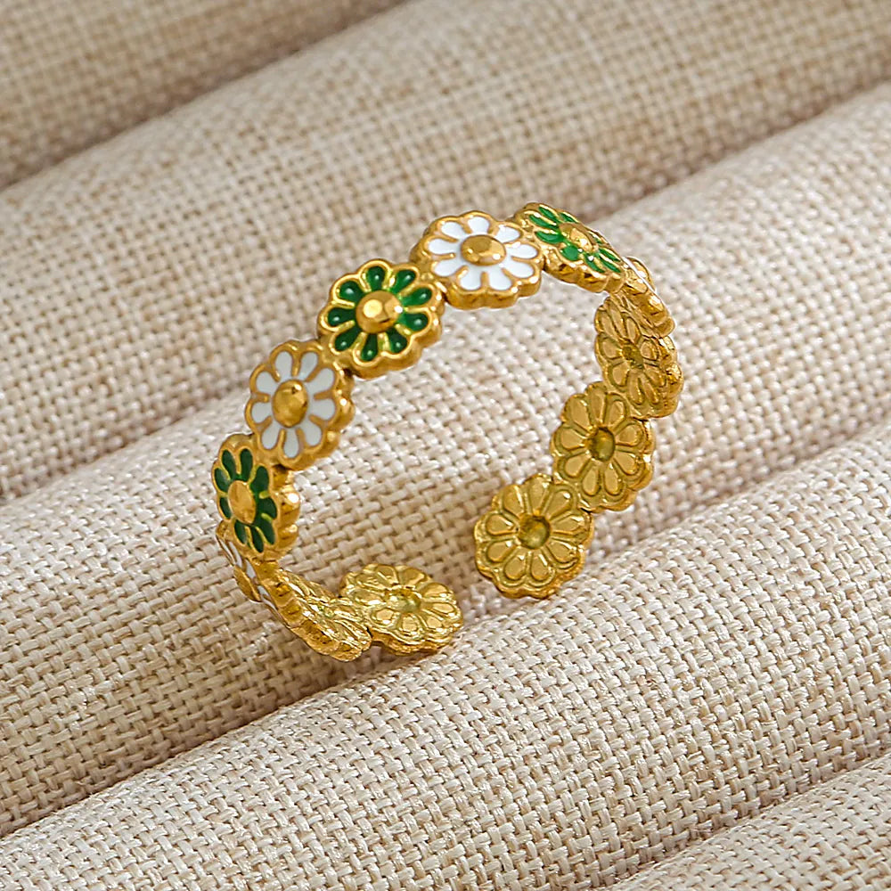 18K Gold Plated Stainless Steel Green White Daisy Adjustable Ring Geometric Open Band