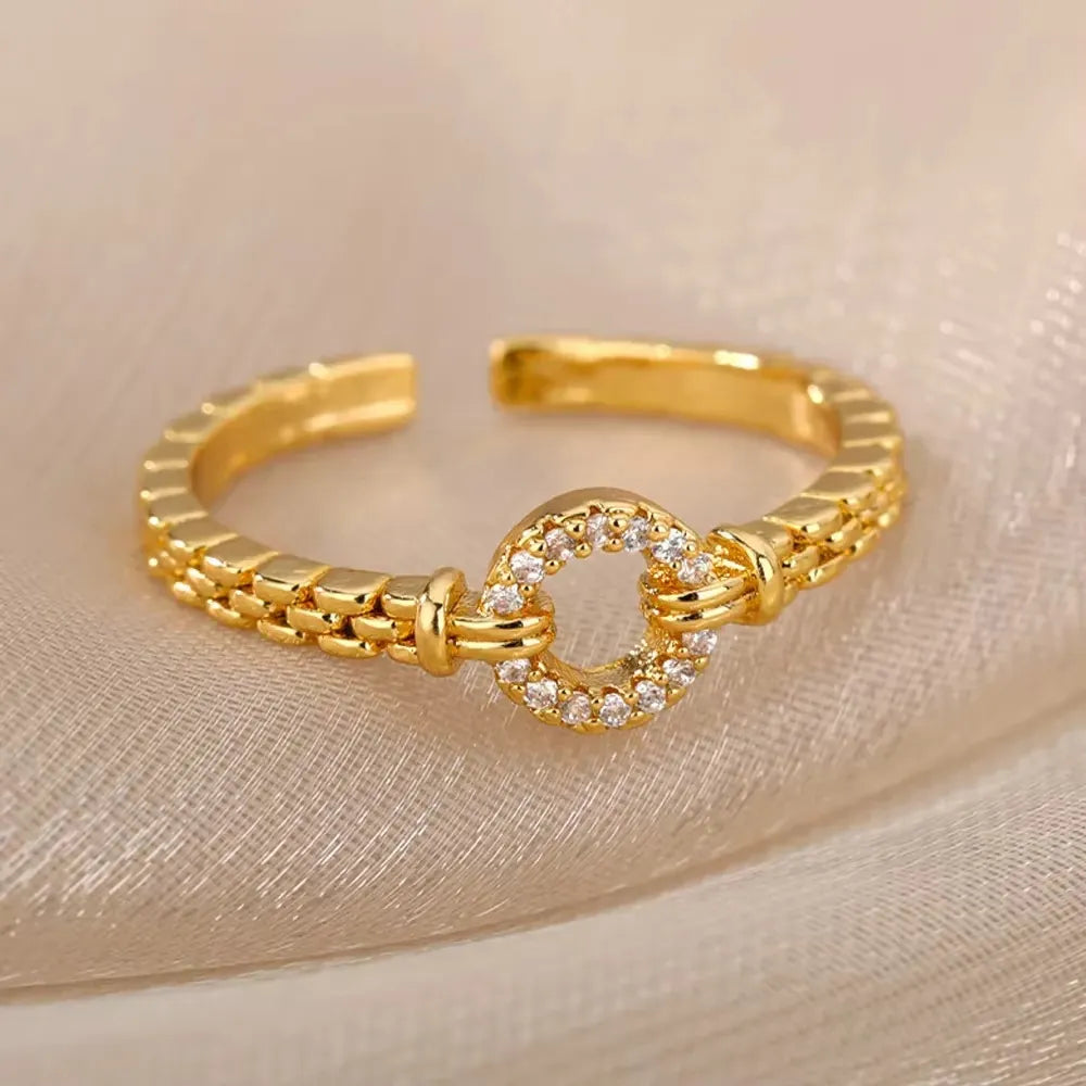 Stainless Steel Tank Chain Hollow Circle Pave Rhinestone Adjustable Open Ring Gold Plated