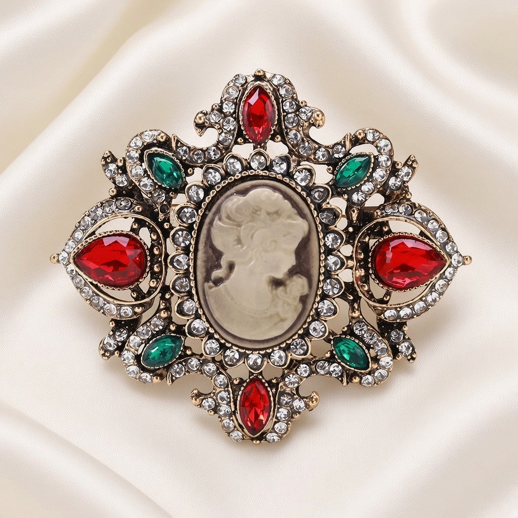 Court Lady Cameo Rhinestone Brooch Pin Multicolor Crystal