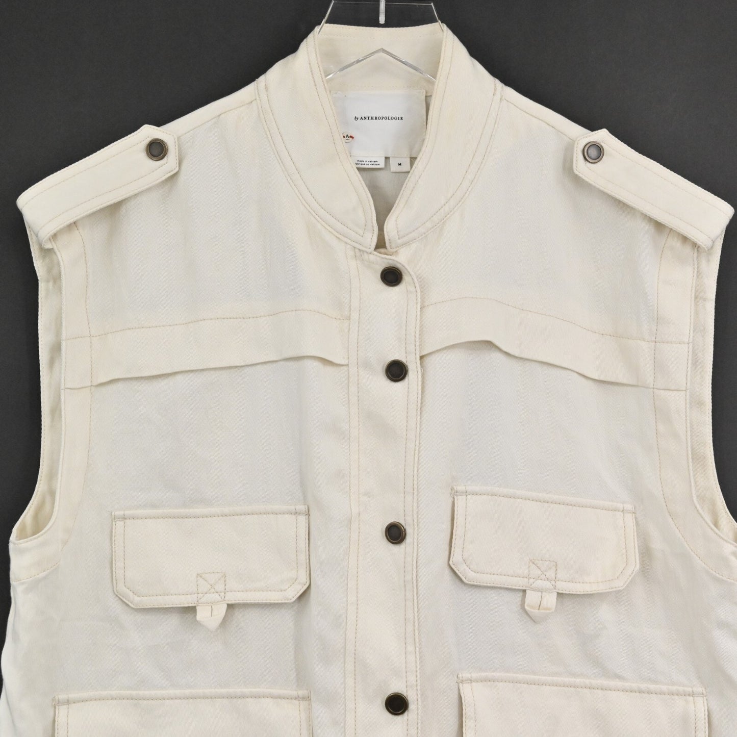 ANTHROPOLOGIE Sleeveless Jacket Womens Size M Ivory Utility Button Safari Vest