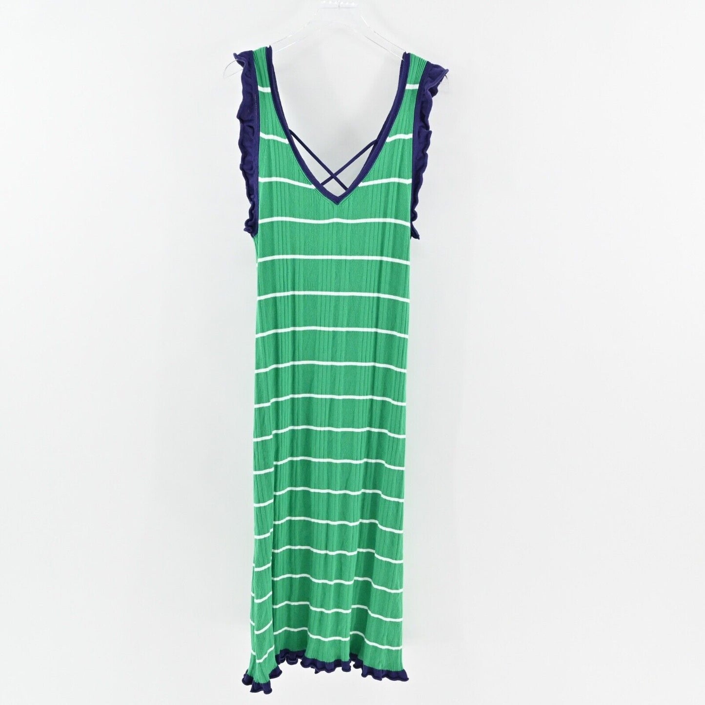 ANTHROPOLOGIE Dress Size XL Green Stripe Cotton Knit Ruffle Midi DAILY PRACTICE