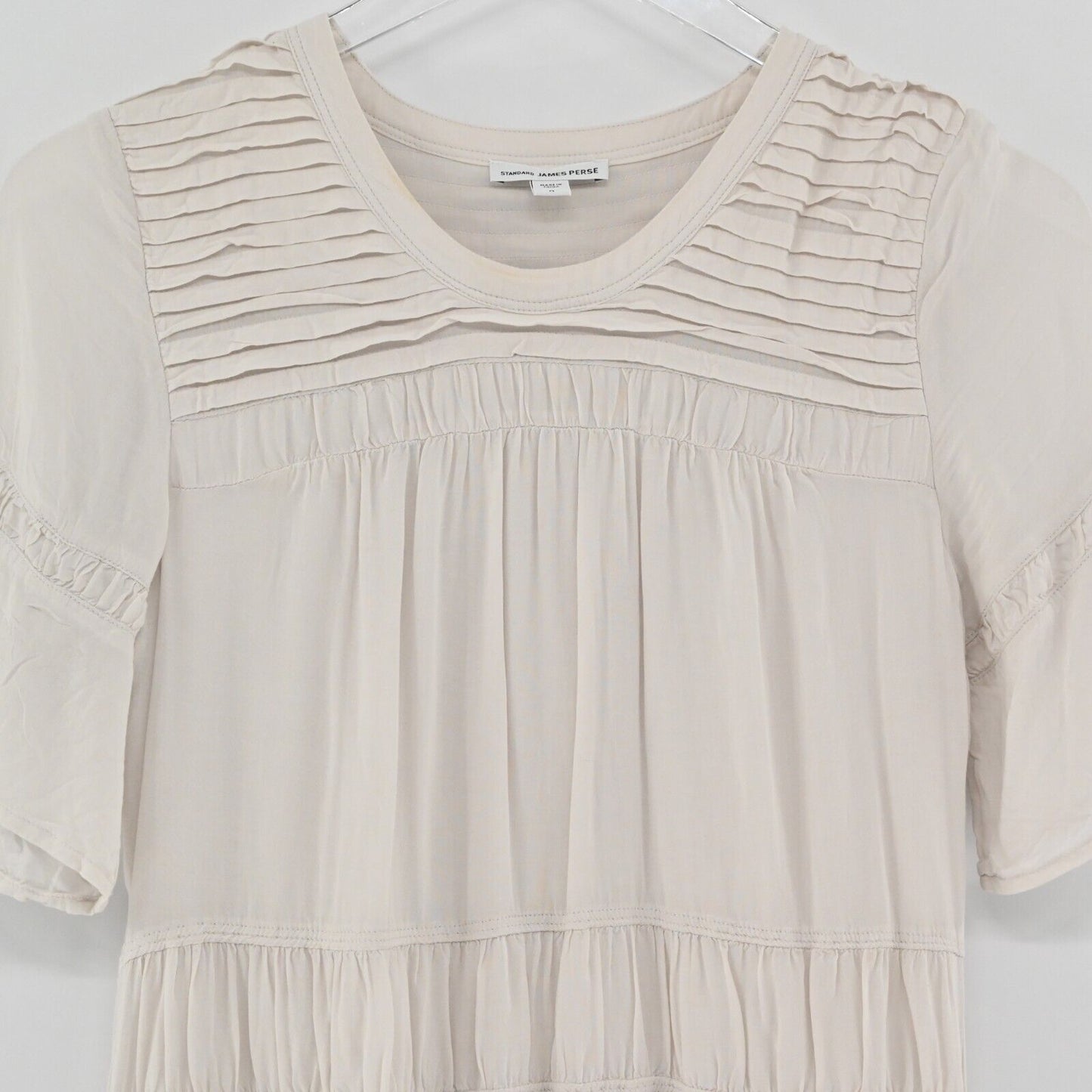 JAMES PERSE Dress Womens Sz XS Standard Pleated Ivory Short Sleeve Shift Viscose