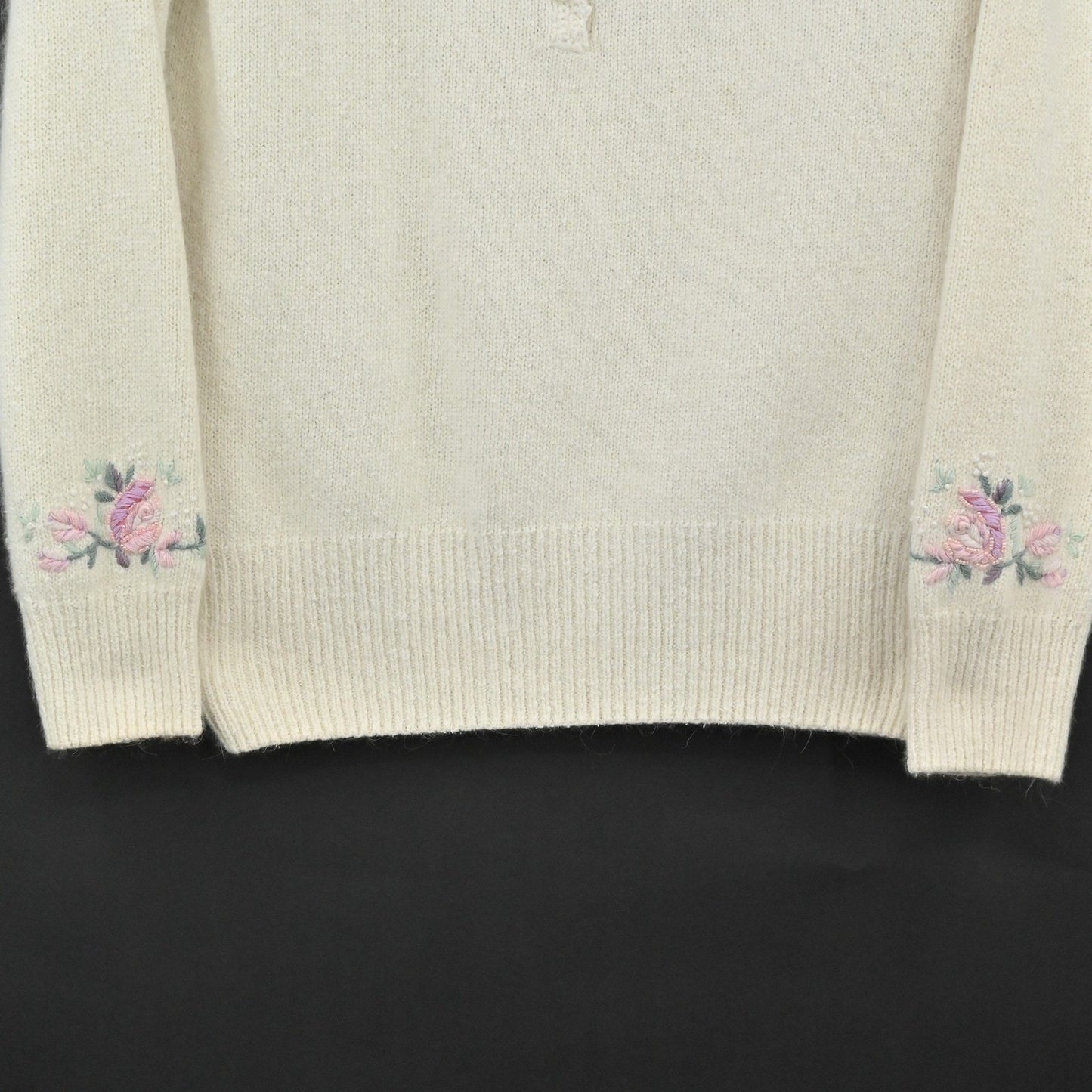 Vtg Granny Core Silk Angora Embroidered Sweater Size L Lambswool Floral Pearl