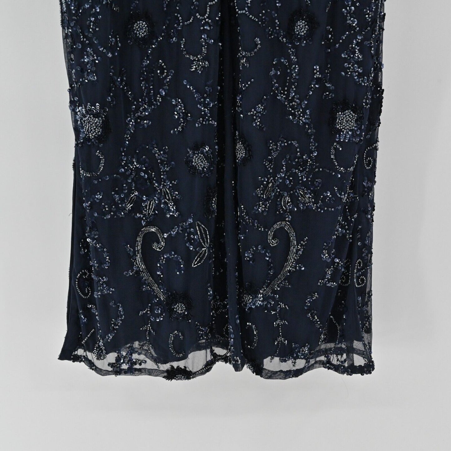 AIDAN MATTOX Dress Size 10 Beaded Sequin Navy Blue Gown Flutter Sleeve Glam FLAW