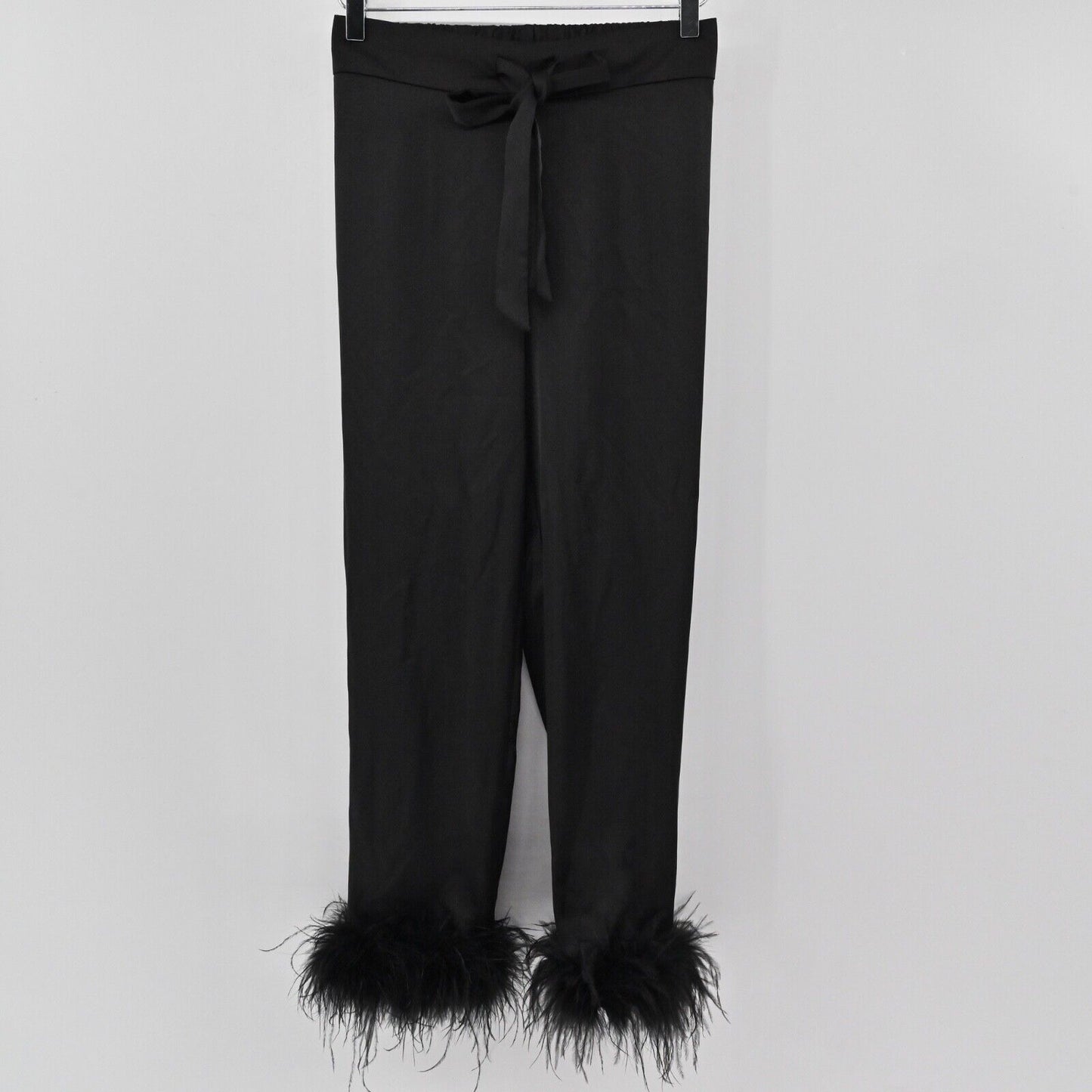 NADINE MERABI Pants Women Sz 2 Black Satin Feather Cuff Darcie Pajama Retro Glam