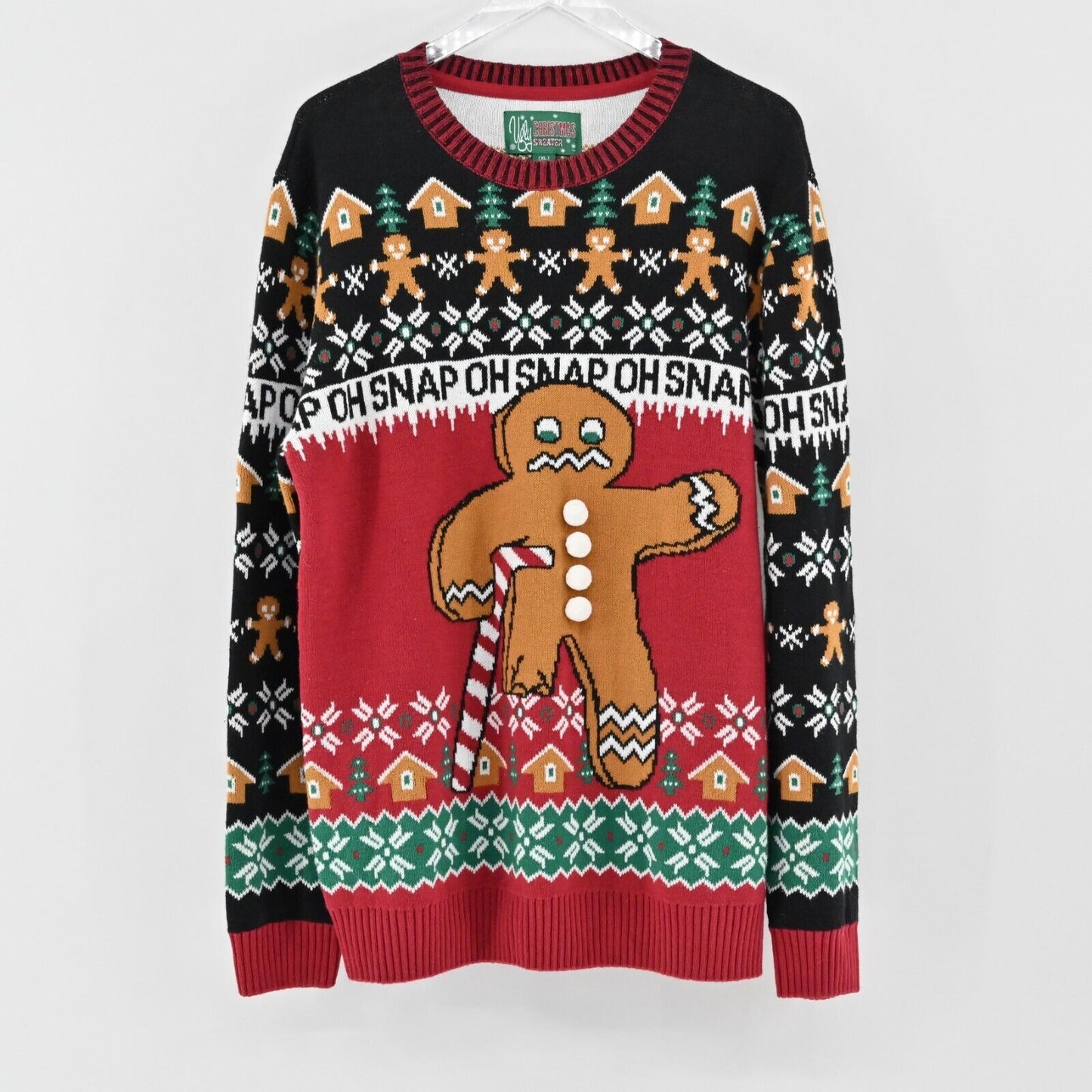 UGLY CHRIATMAS SWEATER Mens Size XL Gingerbread Man Oh Snap Candy Cane Crutch