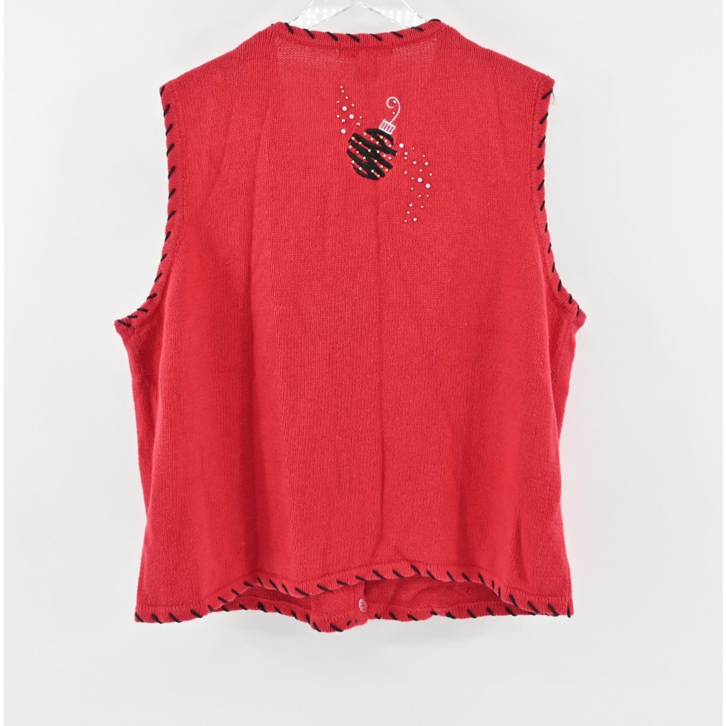 Vtg Holiday Sweater Vest Womens 2XL Beaded Red Ugly Christmas Ornaments Knit 80s