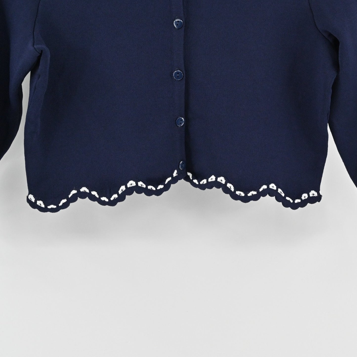 Shoshanna Womens Cardigan Sweater Sz S Navy Blue White Trim Scalloped Knit Crop