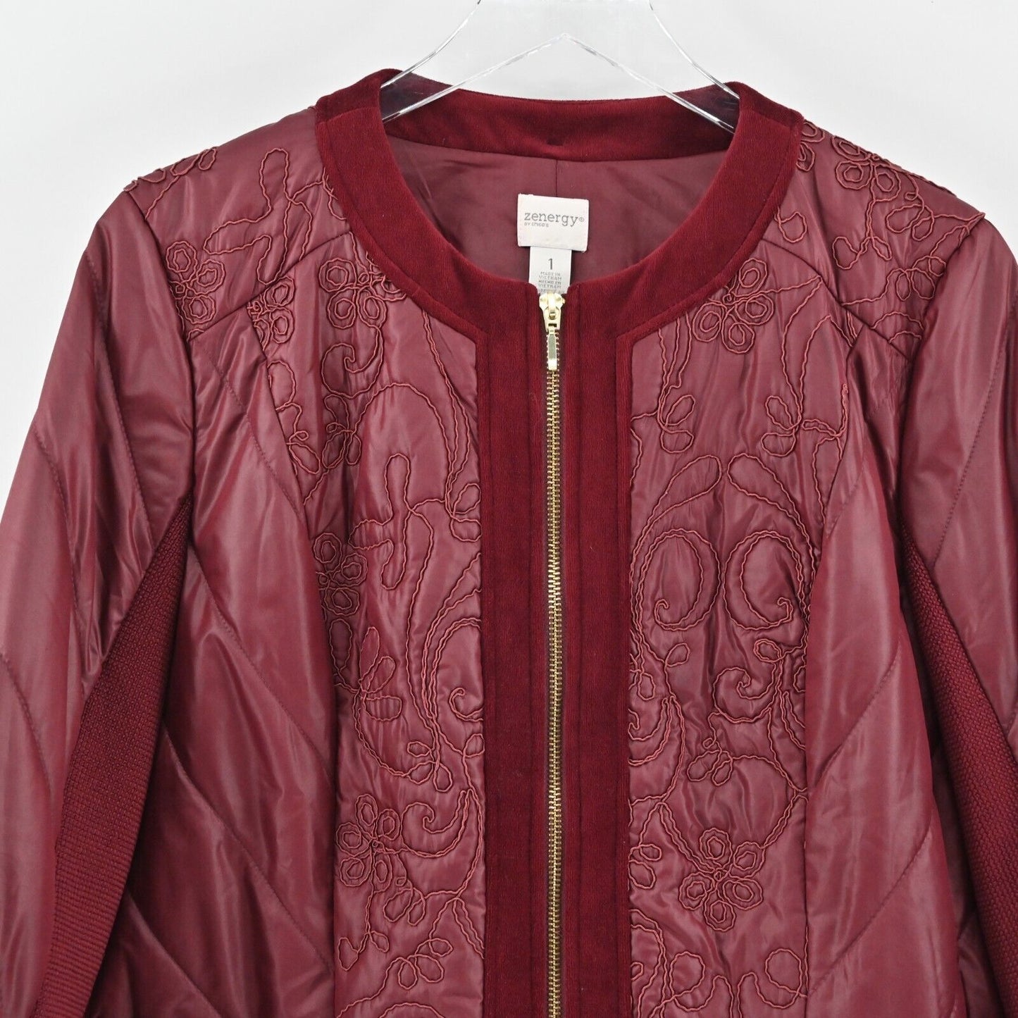 CHICOS Jacket Womens Size M Zenergy Red Maple Velvet Trim Embroidered Zip Front