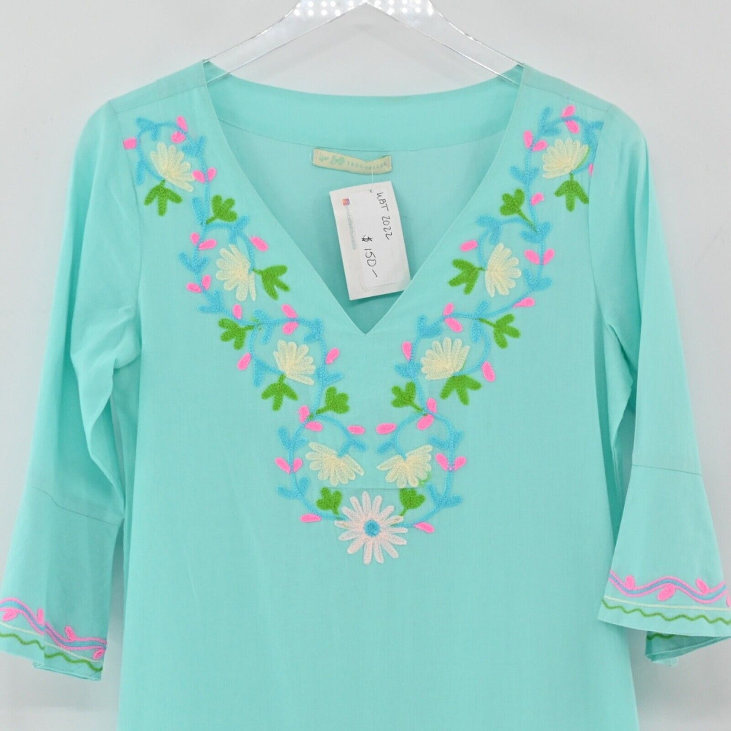 UNE BELLE TROUVAILLE Dress Womens Sz M Blue Embroidered Floral Cotton Tunic Maxi