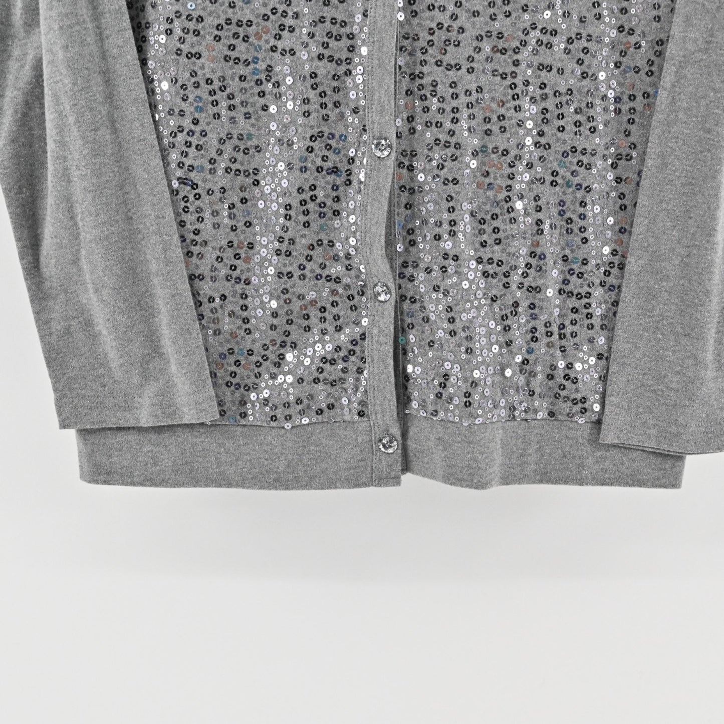 Quacker Factory Womens Sequin Cardigan Size M Silver Gray Button Front Sweater