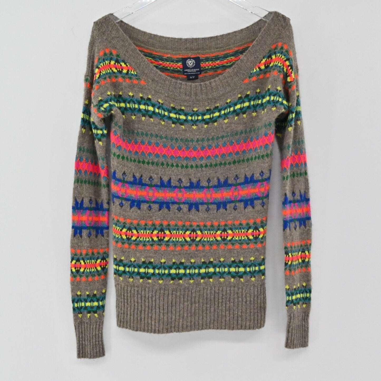 AMERICAN EAGLE Sweater Womens Size S Neon Fair Isle Wool Blend Boat Neck Retro
