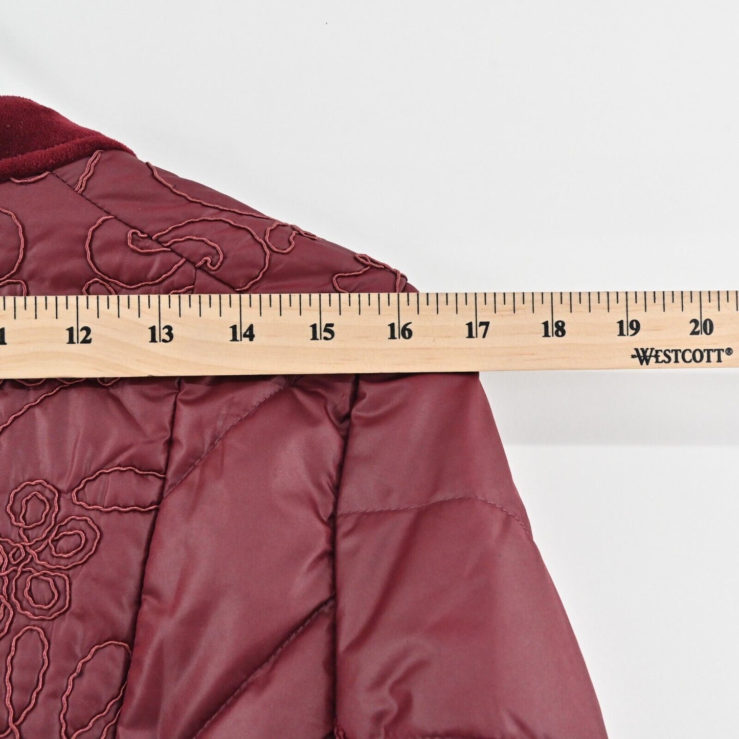 CHICOS Jacket Womens Size M Zenergy Red Maple Velvet Trim Embroidered Zip Front