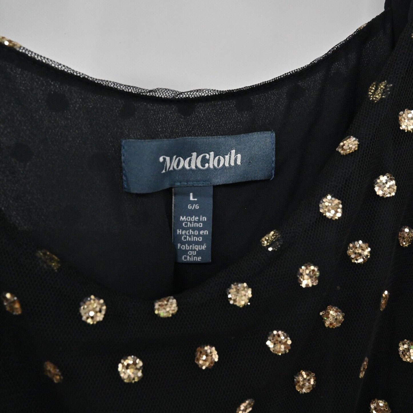 MODCLOTH Dress Womens Size L Another Brilliant Polka Dot Black Gold Tie Shoulder