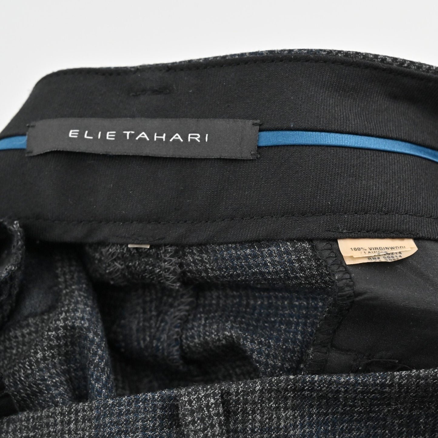 ELIE TAHARI Pants Womens Size 12 Virgin Wool Gray Blue Plaid Straight Trousers