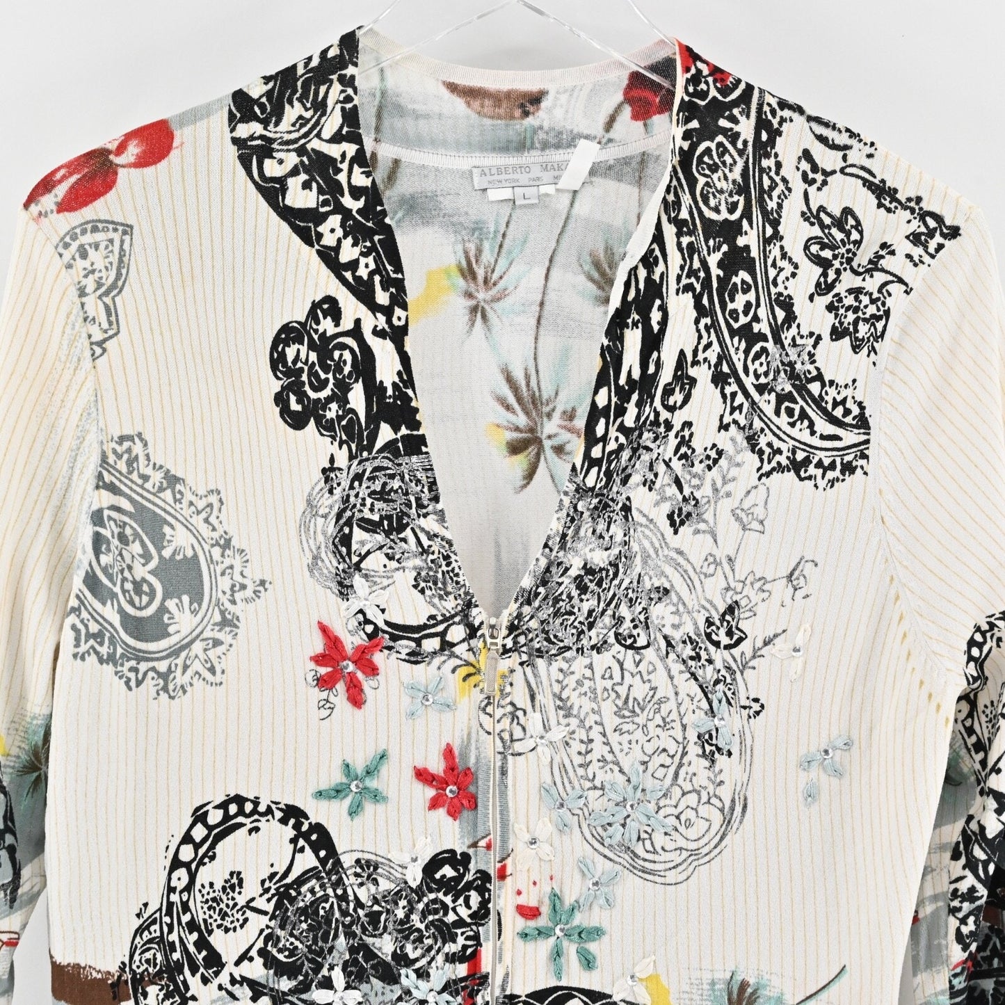 Vtg ALBERTO MAKALI Cardigan Womens Sz L Ivory Tropical Print V Neck Full Zip Y2k