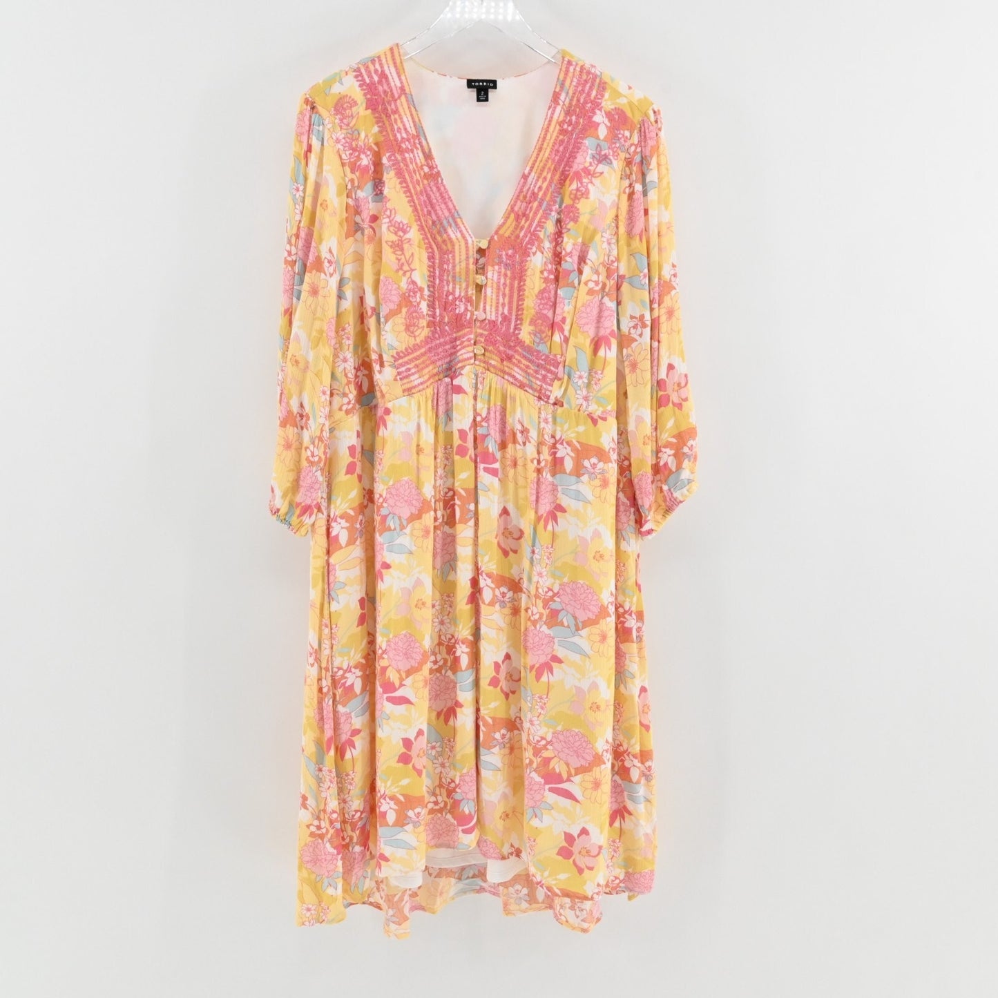 TORRID Dress Size 2X Peach Floral Print Gauze Hi-Lo VNeck Shirred Embroidery