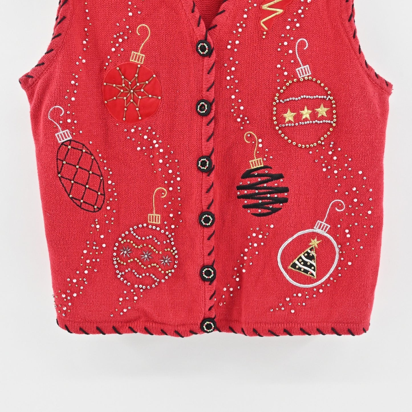 Vtg Holiday Sweater Vest Womens 2XL Beaded Red Ugly Christmas Ornaments Knit 80s