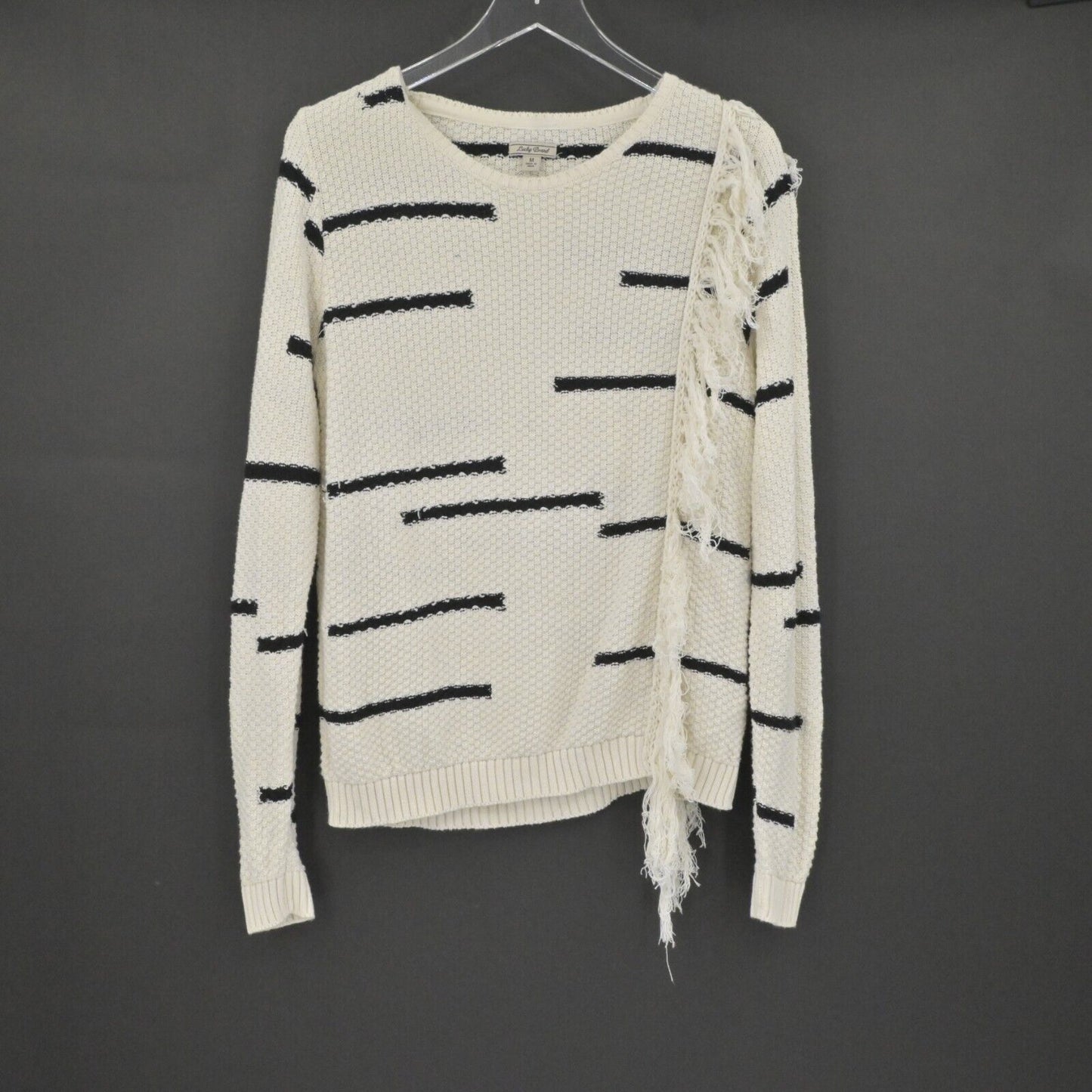 LUCKY BRAND Sweater Womens Sz Medium Fringe Pullover Long Sleeve Stripe Natural