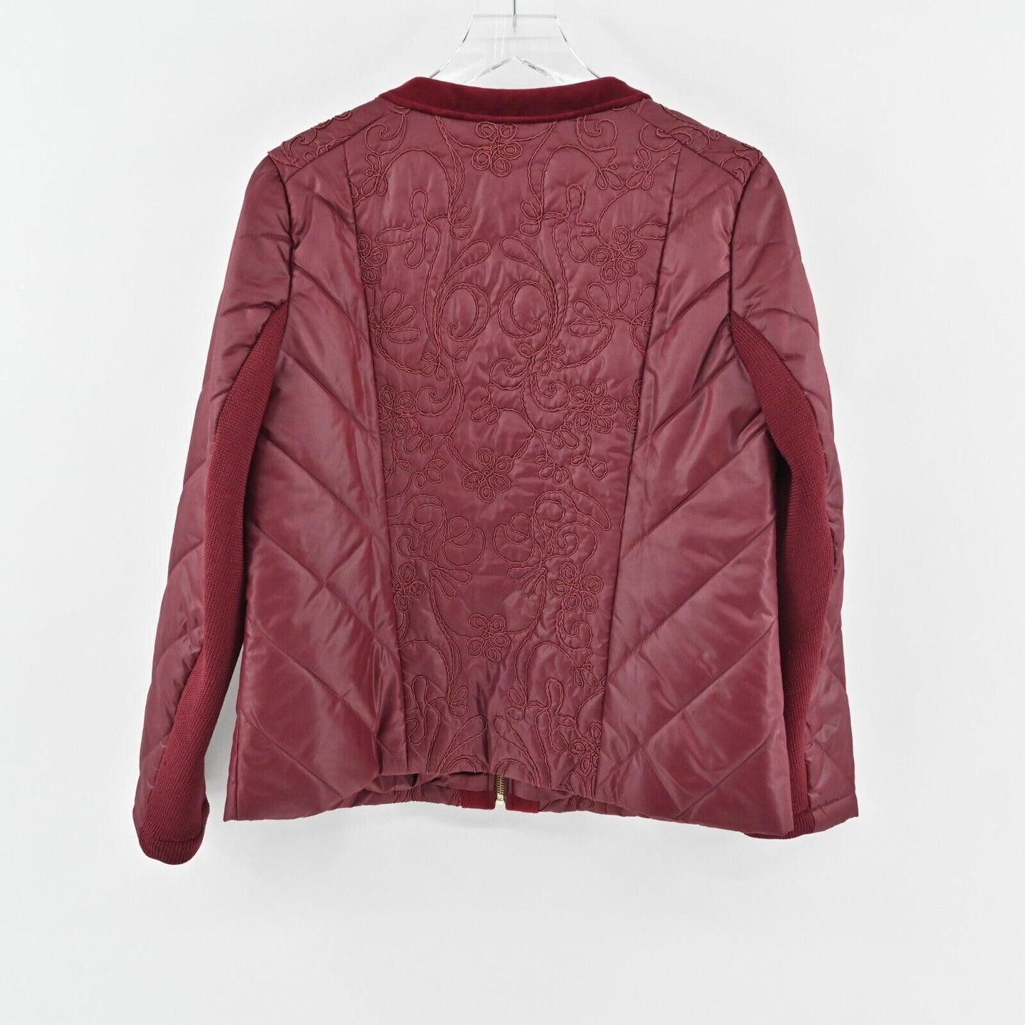 CHICOS Jacket Womens Size M Zenergy Red Maple Velvet Trim Embroidered Zip Front