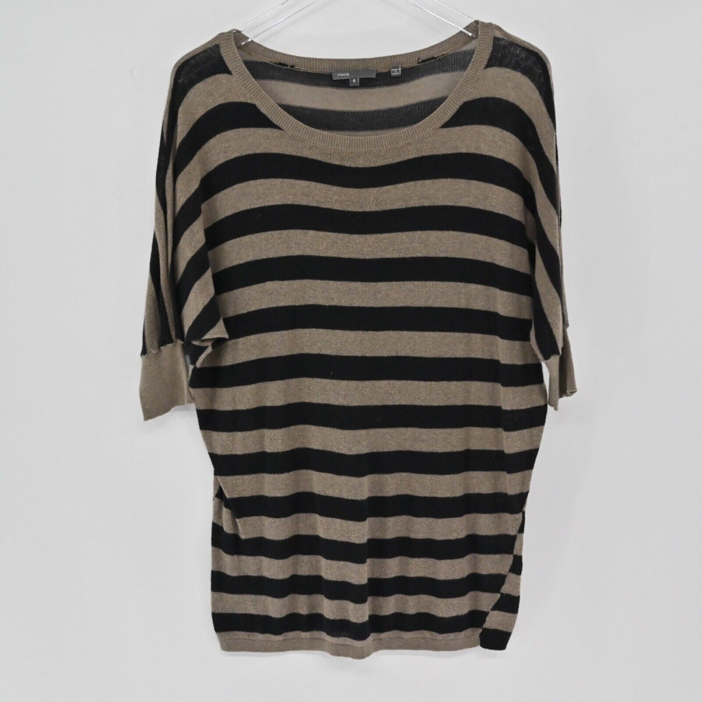 VINCE Top Womens Size S Brown Black Stripe Cotton Sweater Dolman Half Sleeve