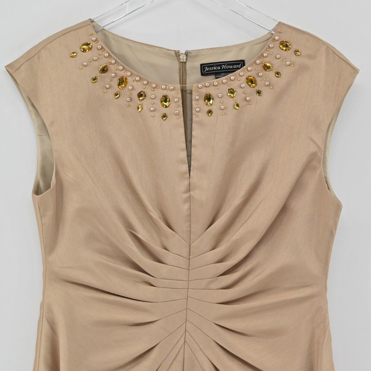 JESSICA HOWARD Dress Womens Sz 10 Champagne Pleated Rhinestone Sleeveless Sheath