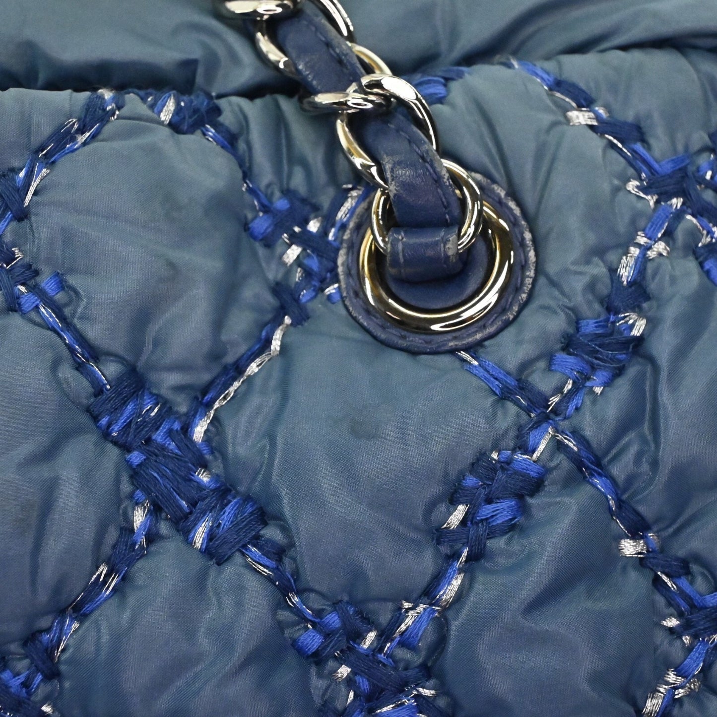 CHANEL Shoulder Bag Byzance Tweed On Stitch Blue Nylon Quilted Chain Strap