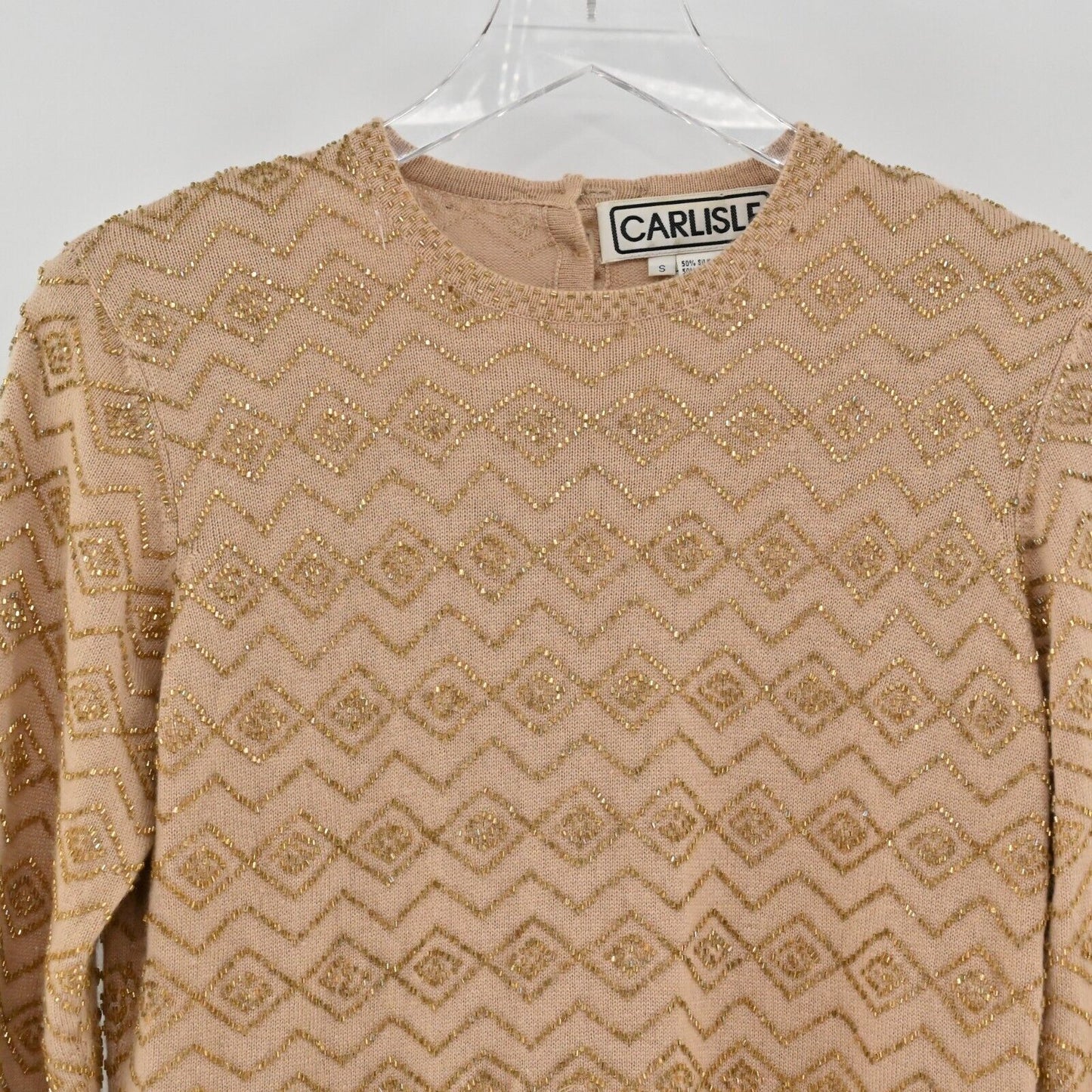 Vtg CARLISLE Sweater Womens Size Small Cashmere Silk Beaded Knit Geometric Print
