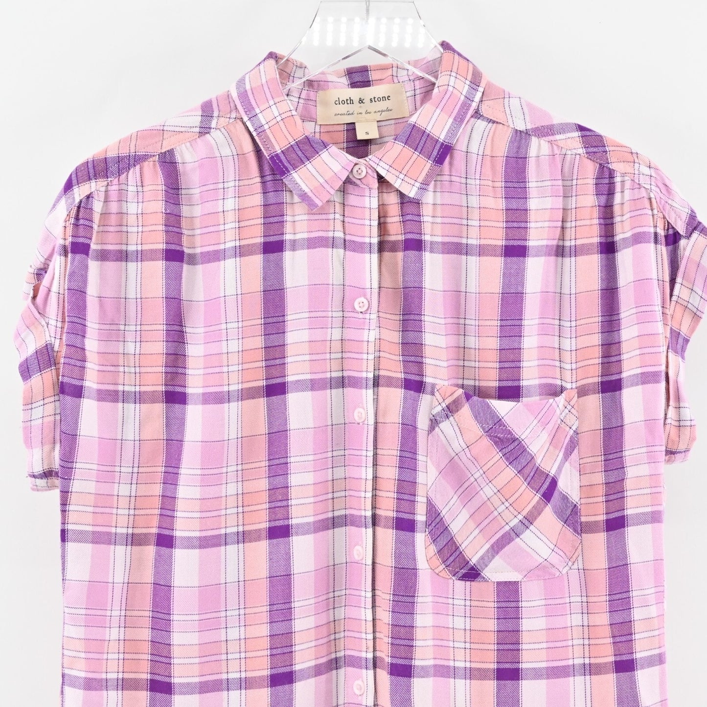 CLOTH STONE Top Womens Sz S Pink Purple Plaid Button Front Short Sleeve Western