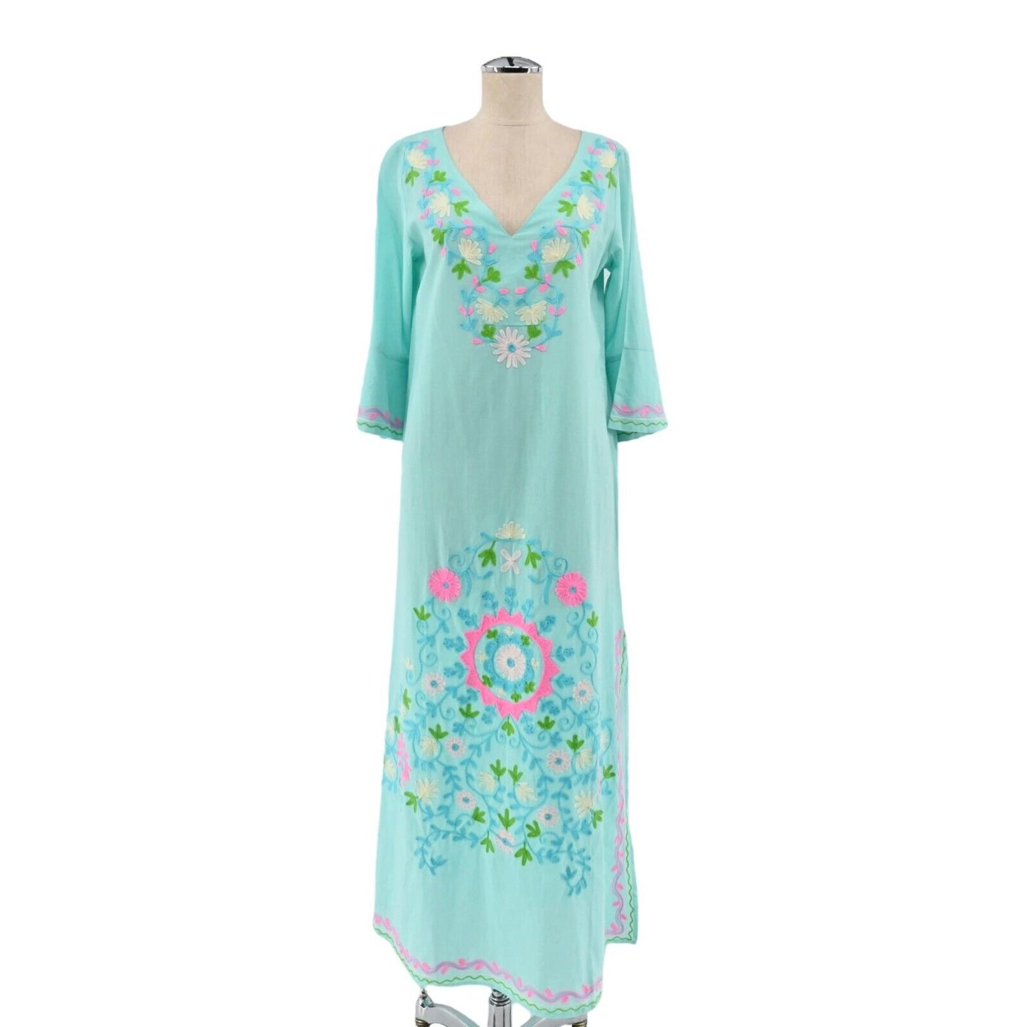 UNE BELLE TROUVAILLE Dress Womens Sz M Blue Embroidered Floral Cotton Tunic Maxi