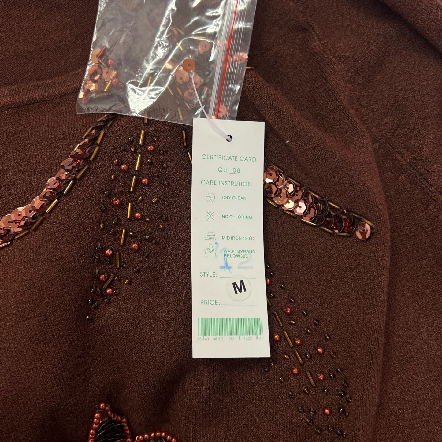 Vtg Y2k Sequin Floral Sweater Womens Size XS Brown Knit Beaded Hippie Dead Stock