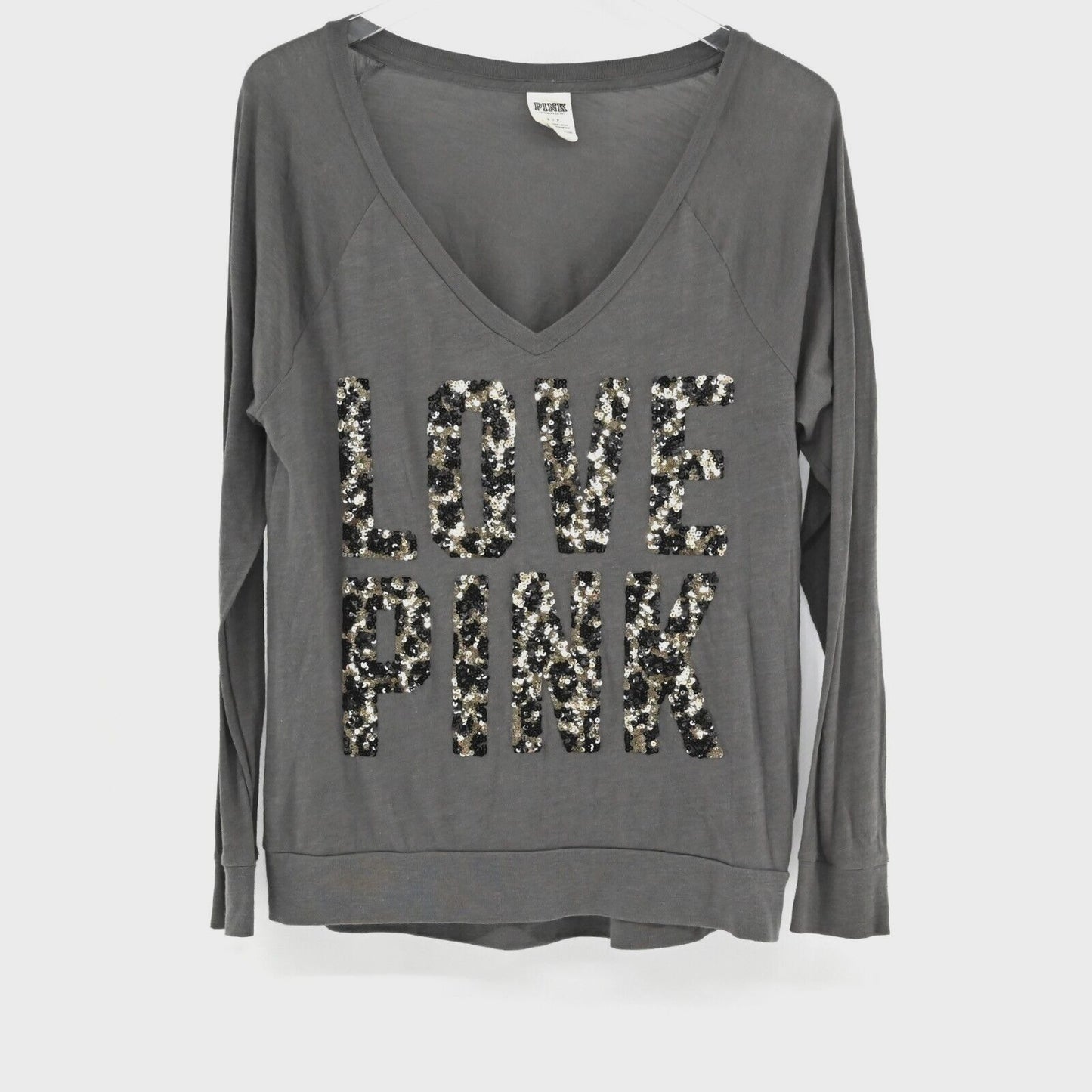 Vtg VS PINK Sequin Top Womens Sz S Y2k Love Gray Animal Print Long Sleeve V Neck