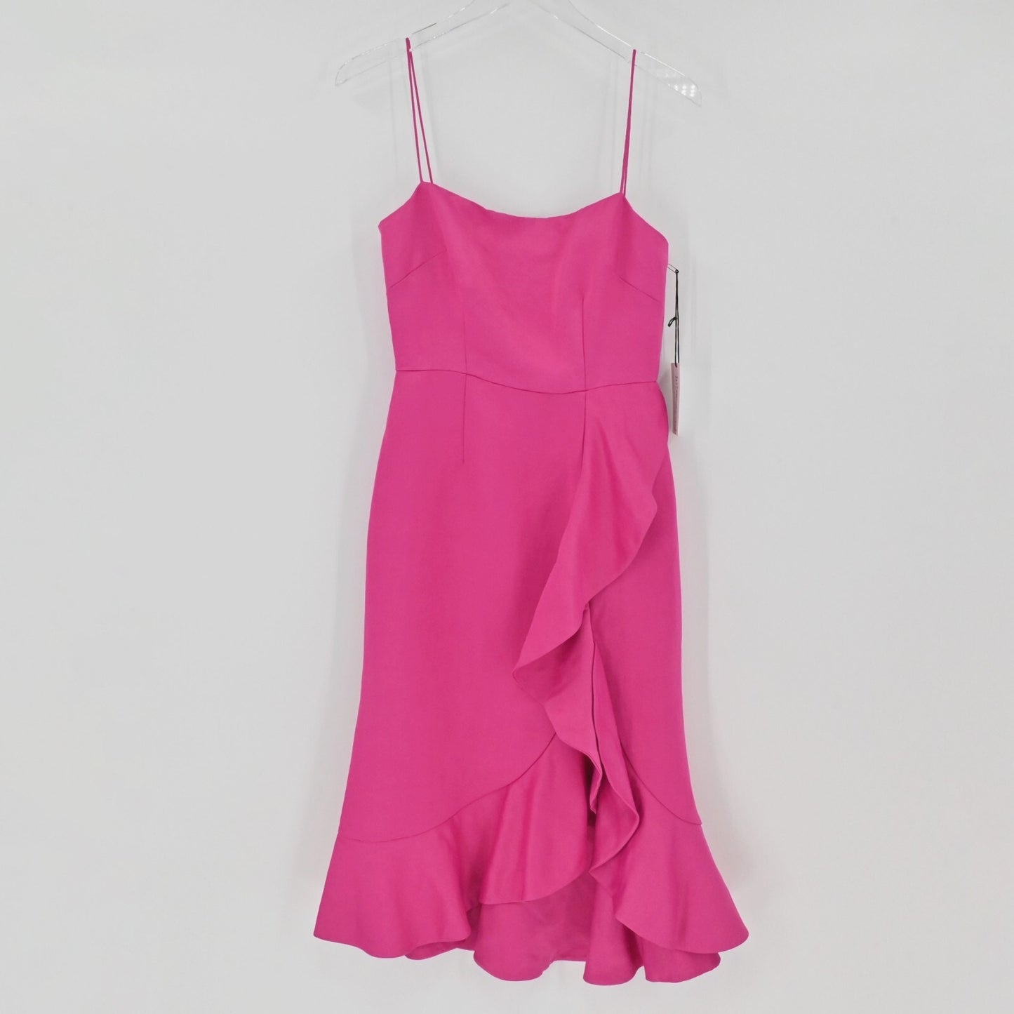 AMUR Ashley Dress Size 2 Linen Pink Satin Ruffle Wedding Guest Feminine Romantic