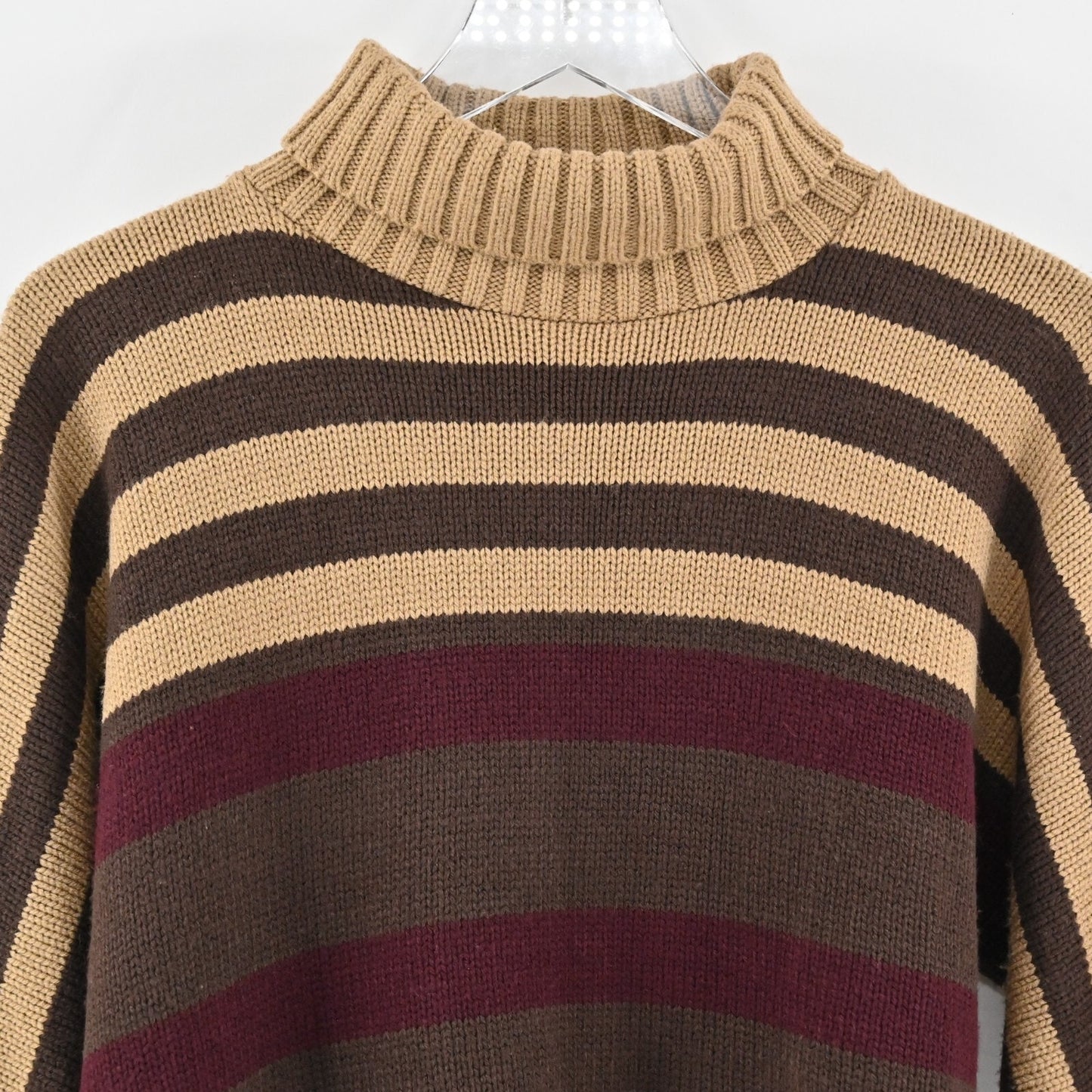 525 AMERICA Womens Striped Sweater Size L Brown Tan Turtleneck Knit Whipstitch