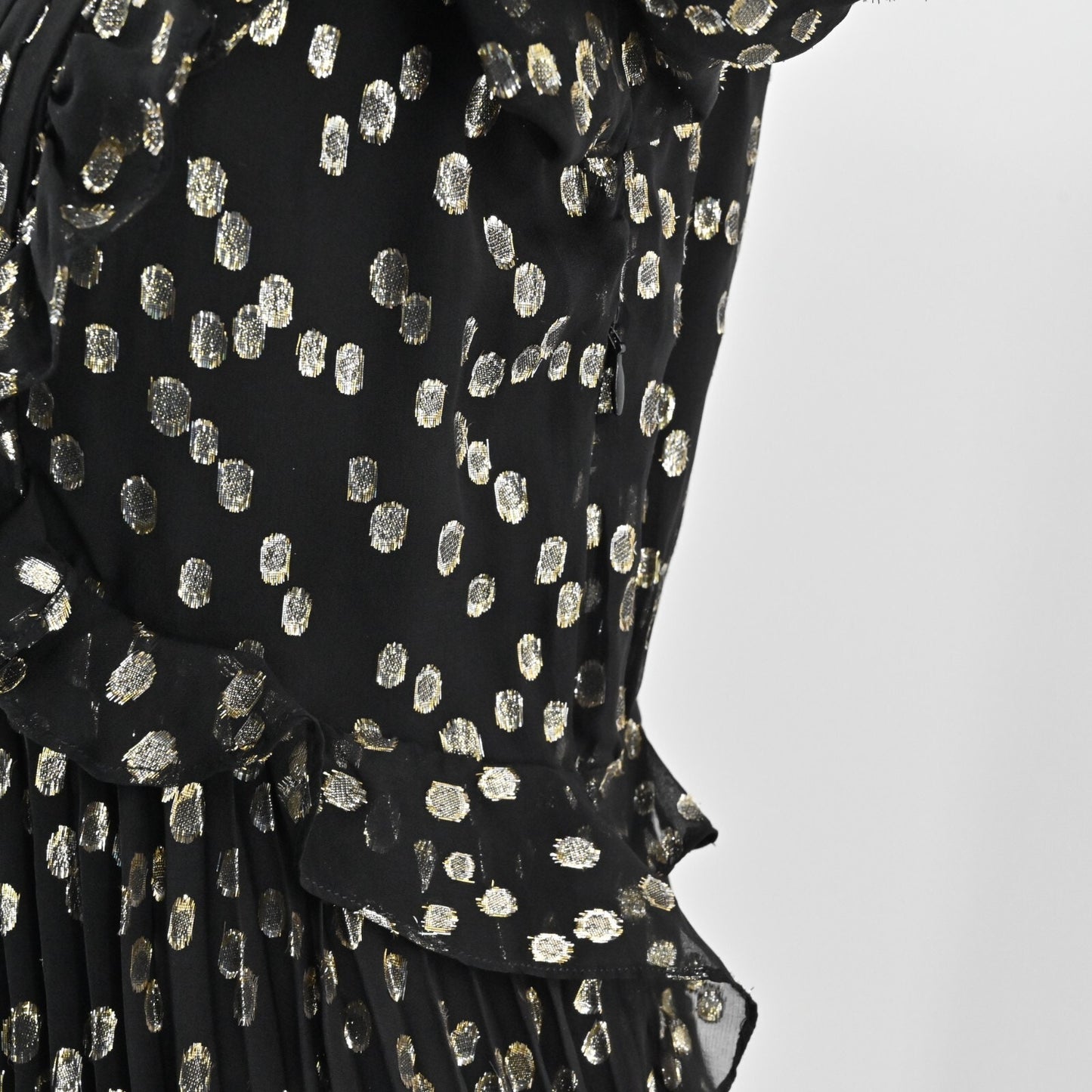 A LOVES A Metallic Dress Size S Black Gold Dot Silk Blend VNeck Accordion NEW