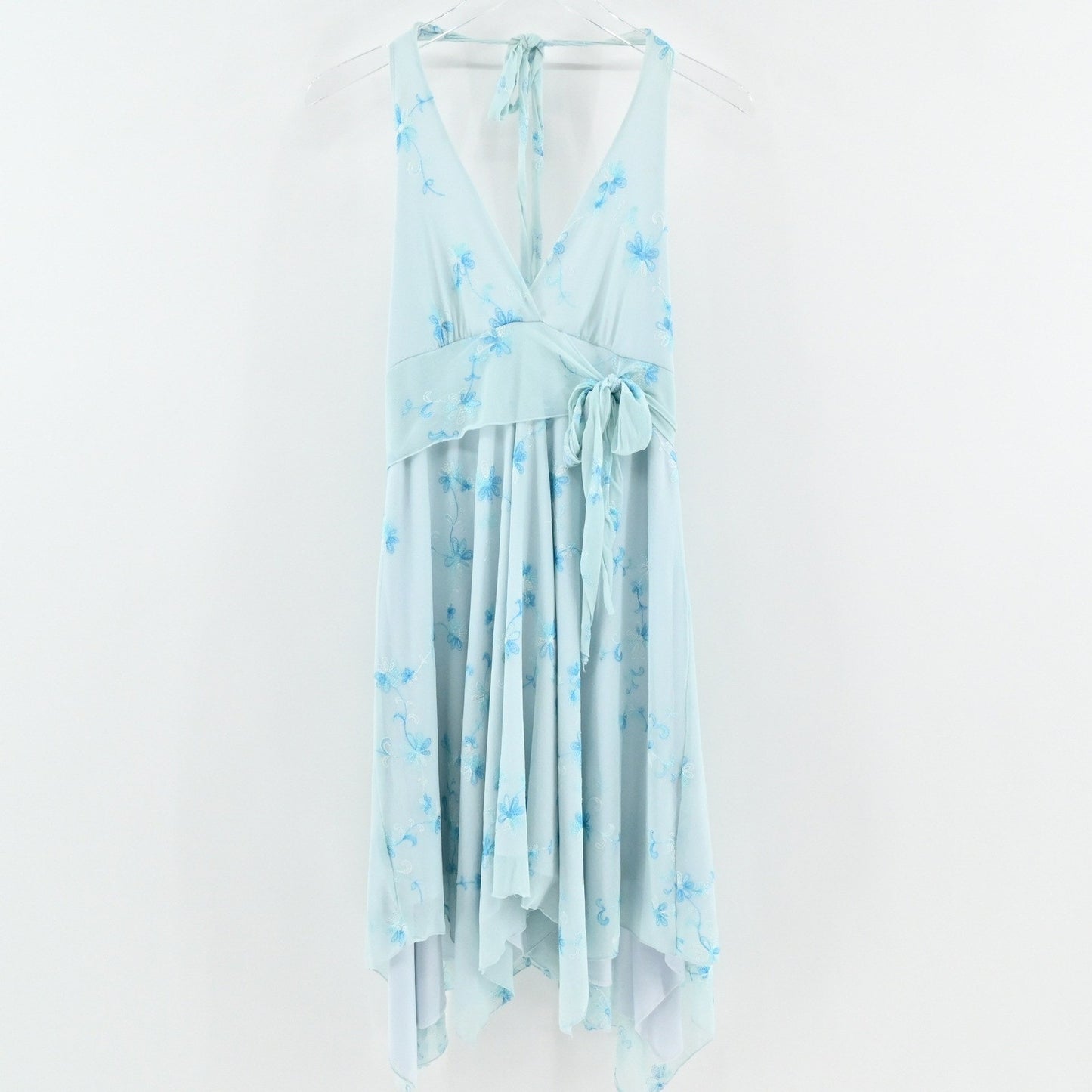 Vtg Y2k Fairycore Babydoll Dress Size S Ethereal Blue Floral Handkerchief Halter