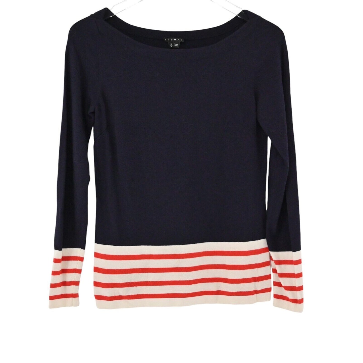 THEORY Sweater Womens Size M Navy Blue Red Stripe Jesup Dream Boat Neck Preppy