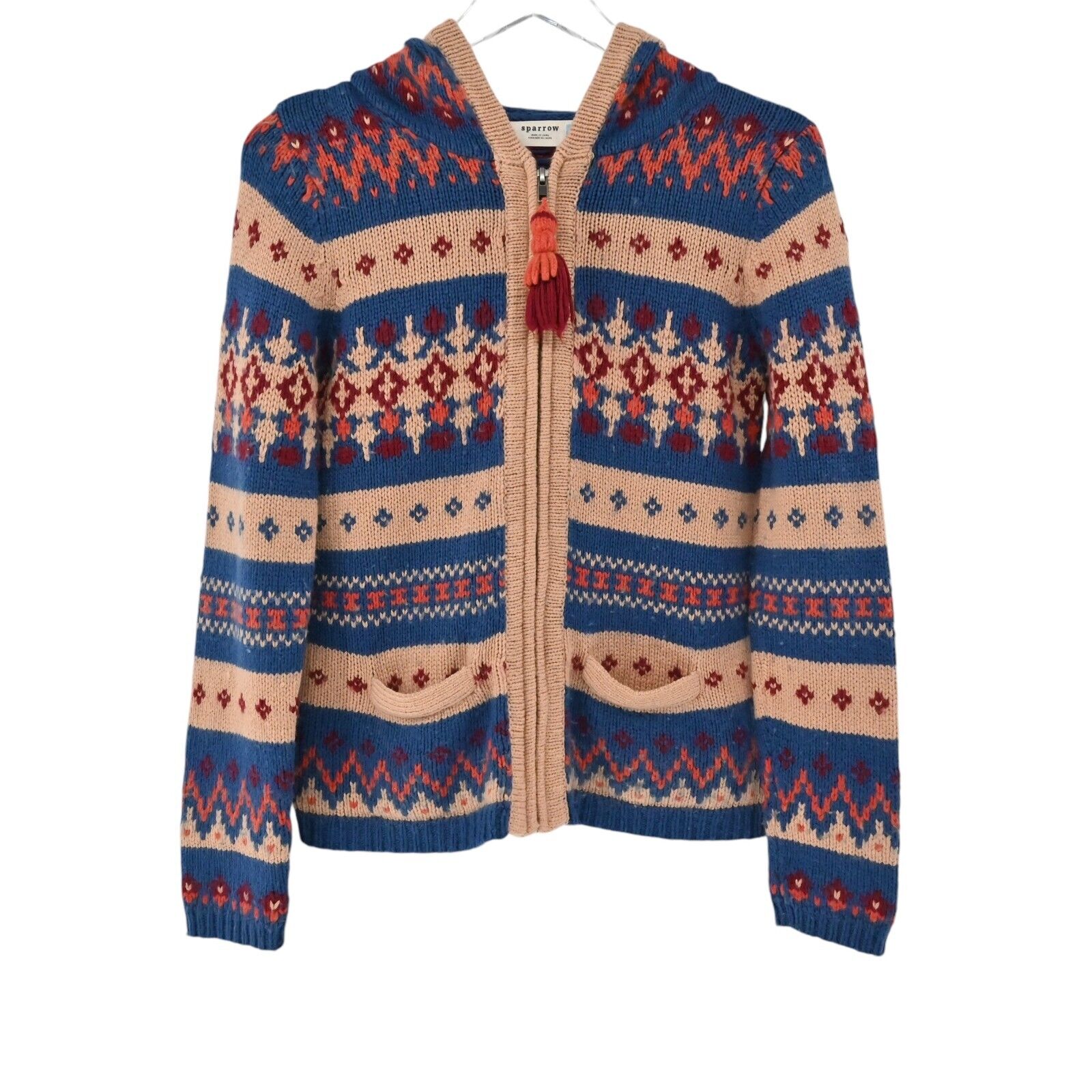 ANTHROPOLOGIE Cardigan Womens Sz M SPARROW Fair Isle Tassel Full Zip Fringe Hood
