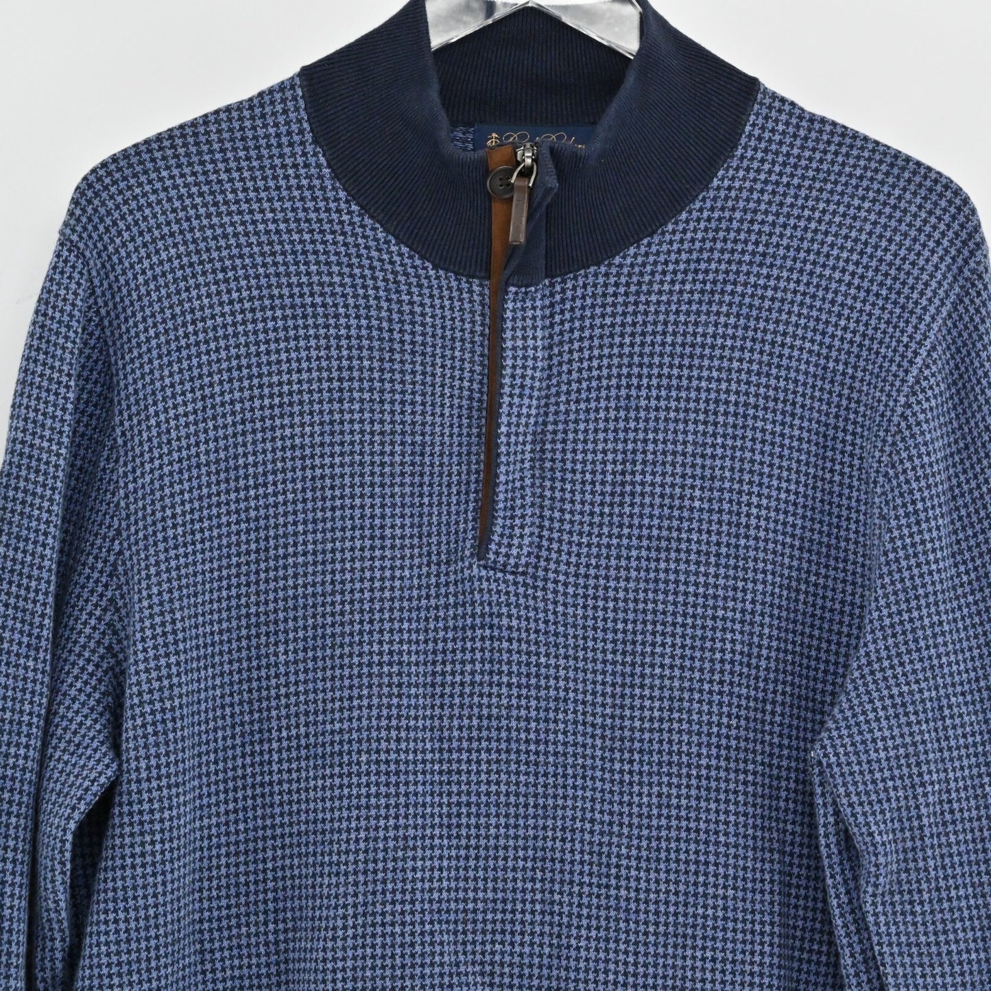 BROOKS BROTHERS Mens Cashmere Sweater Sz L Blue Houndstooth Cotton 1/4 Zip Mock