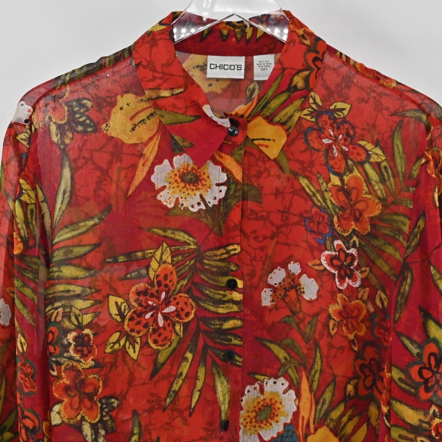 Vtg CHICOS Top Womens Size XL Red Tropical Floral Button Up Silk Bell Sleeve 00s