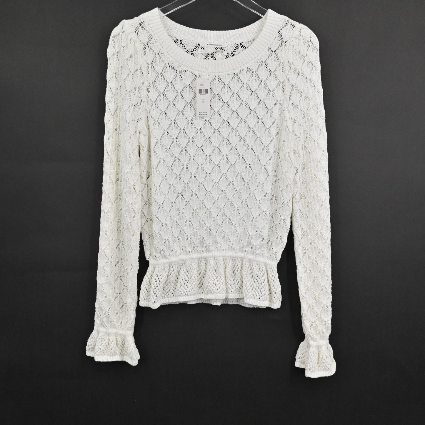 ANTHROPOLOGIE Womens Pointelle Sweater Size M Flounce Hem Knit Ivory Preppy NEW