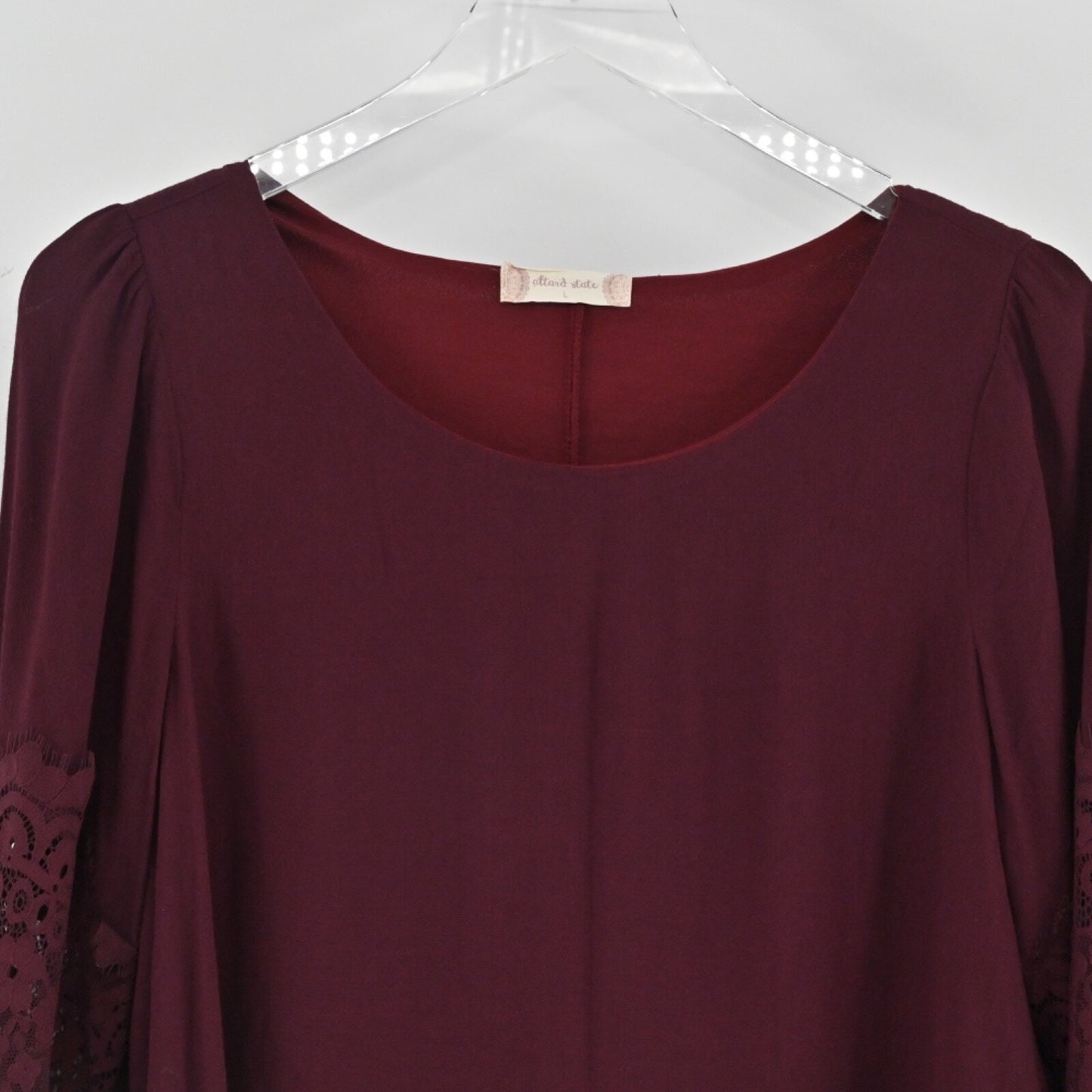 ALTAR'D STATE Boho Bell Sleeve Dress Sz L Shift Burgundy Floral Lace Whimsigoth