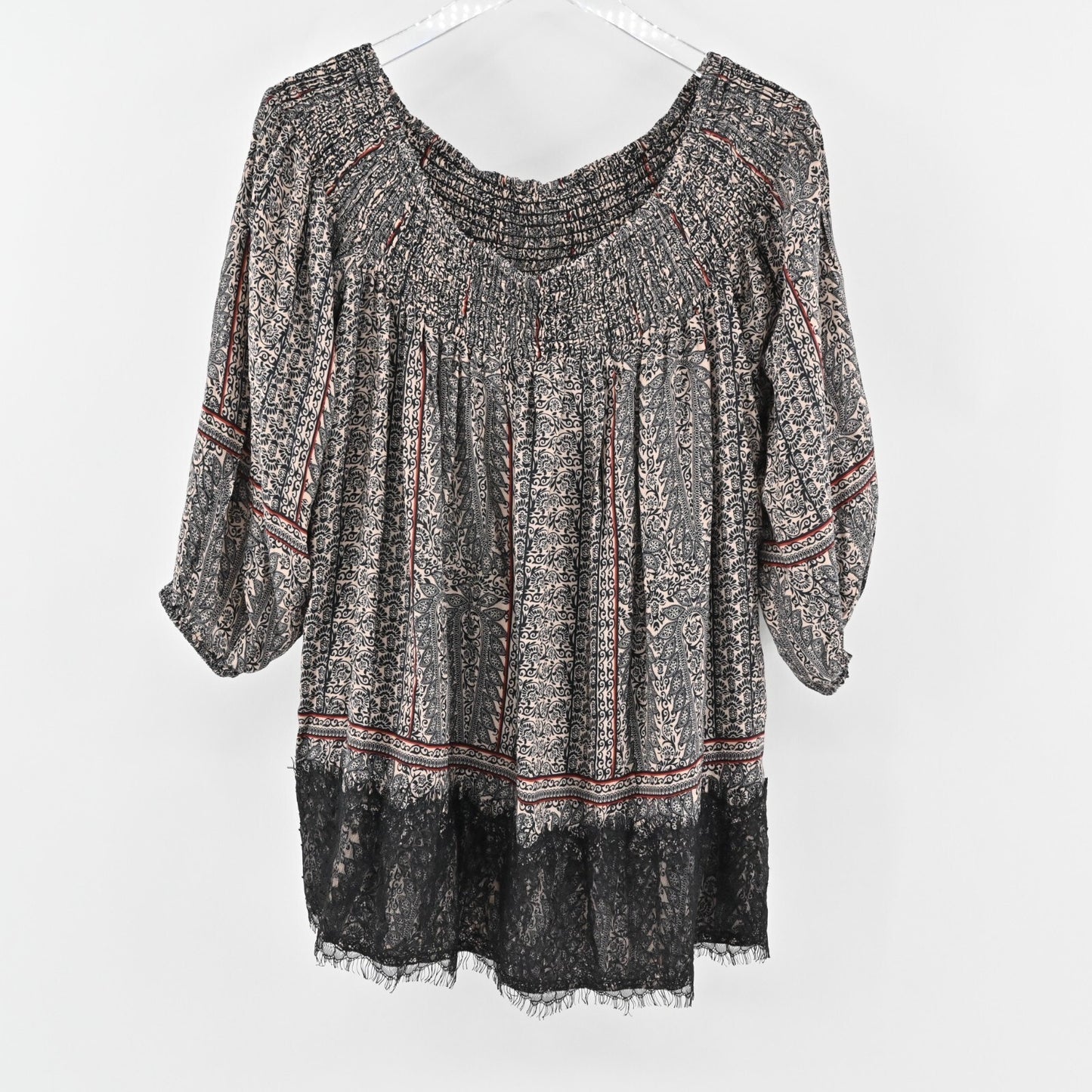 ANTHROPOLOGIE Top Womens Size L Virginia Augusta Boho Off Shoulder Lace Trim