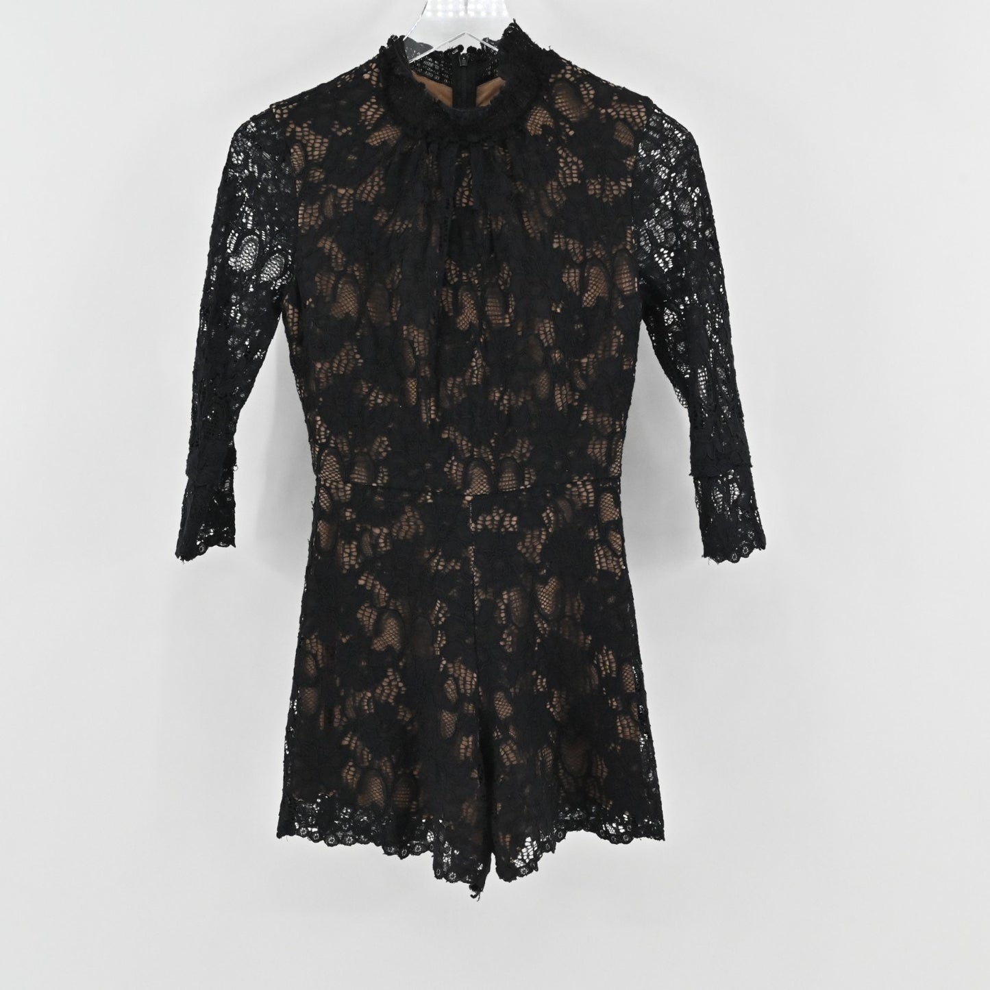 ALEXIS Womens Jing Black Lace Pattern Romper Size XS Mock Neck 3/4 Sleeve Chic